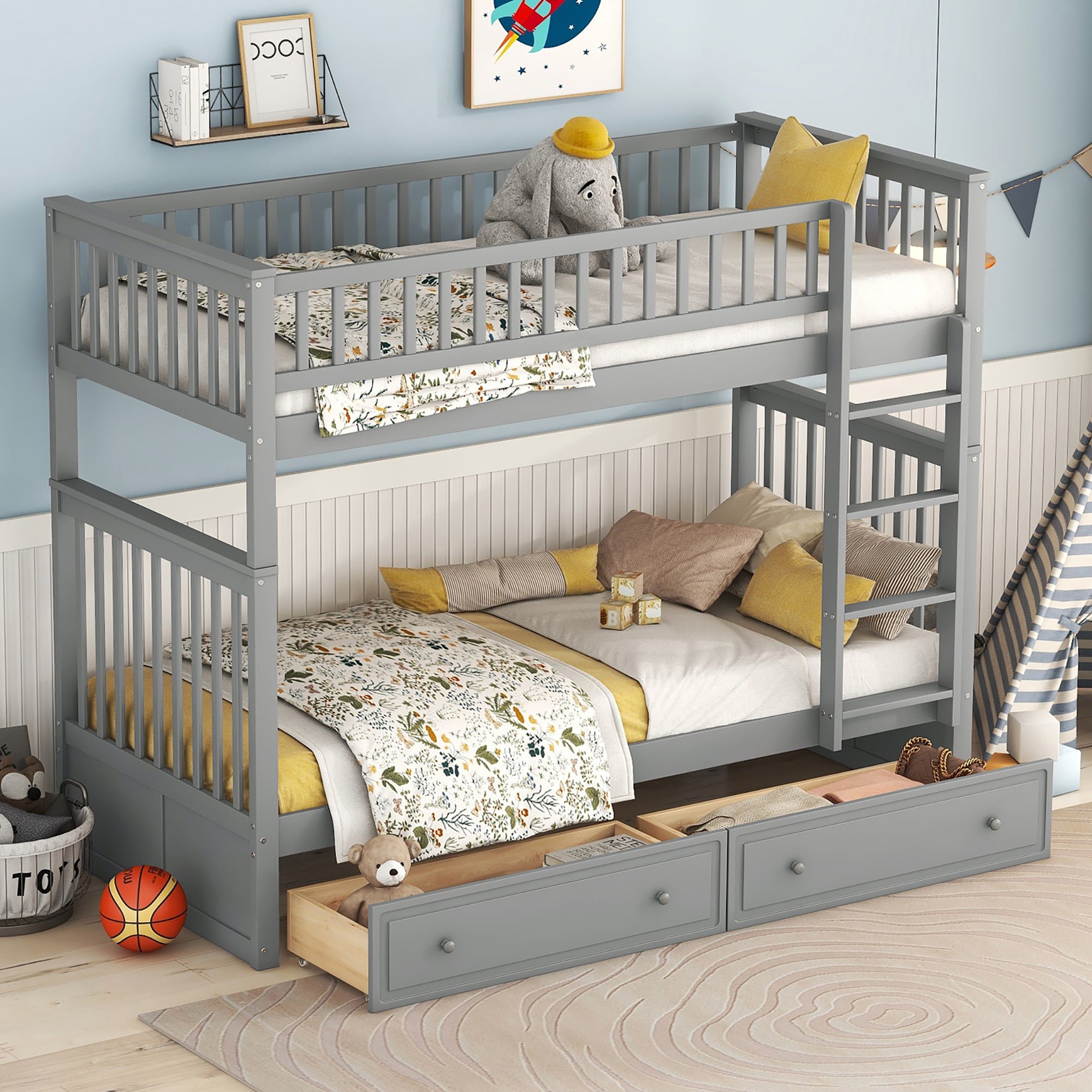 Bunk Bed 90x200cm Functional Convertible Beds with Drawers, Grey