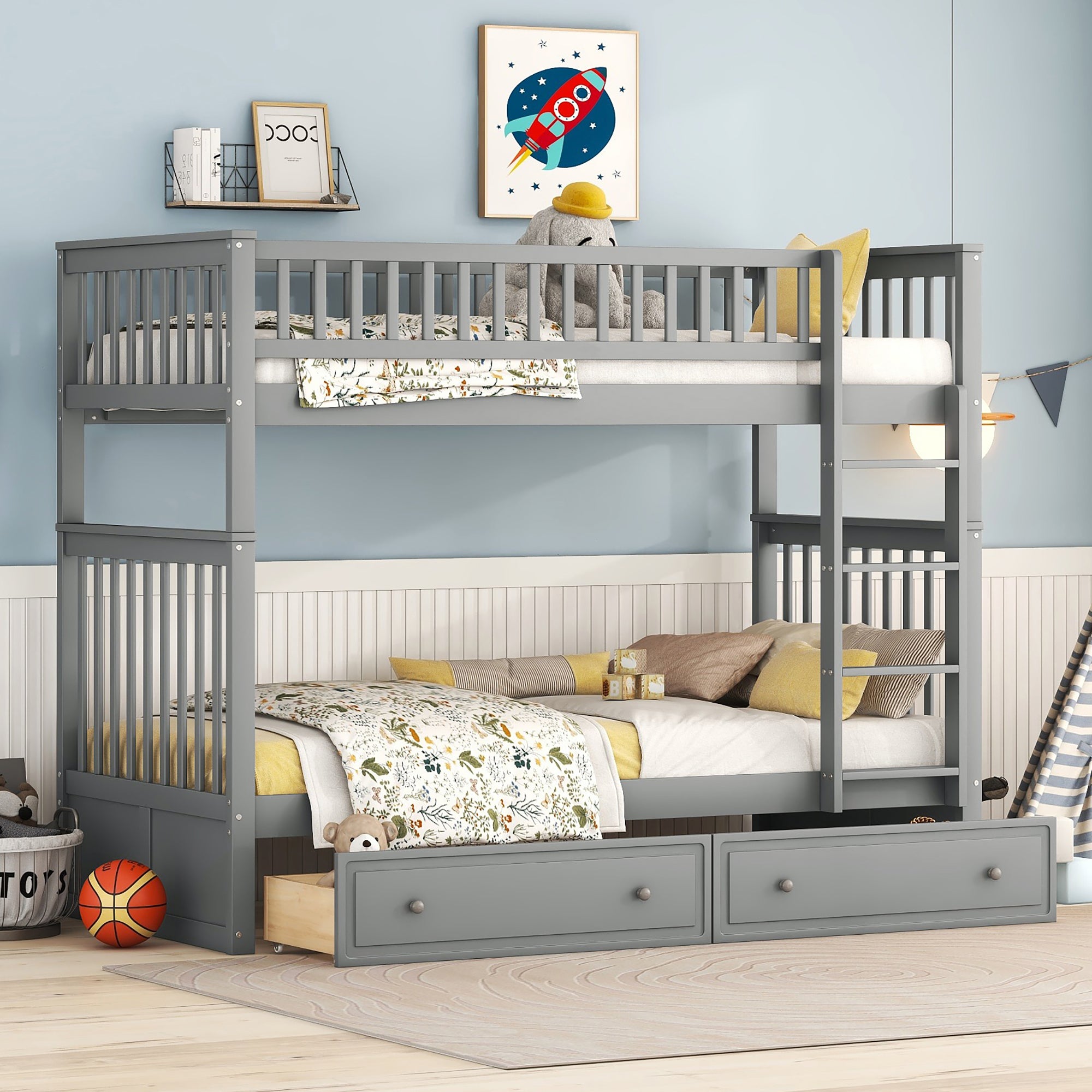Bunk Bed 90x200cm Functional Convertible Beds with Drawers, Grey