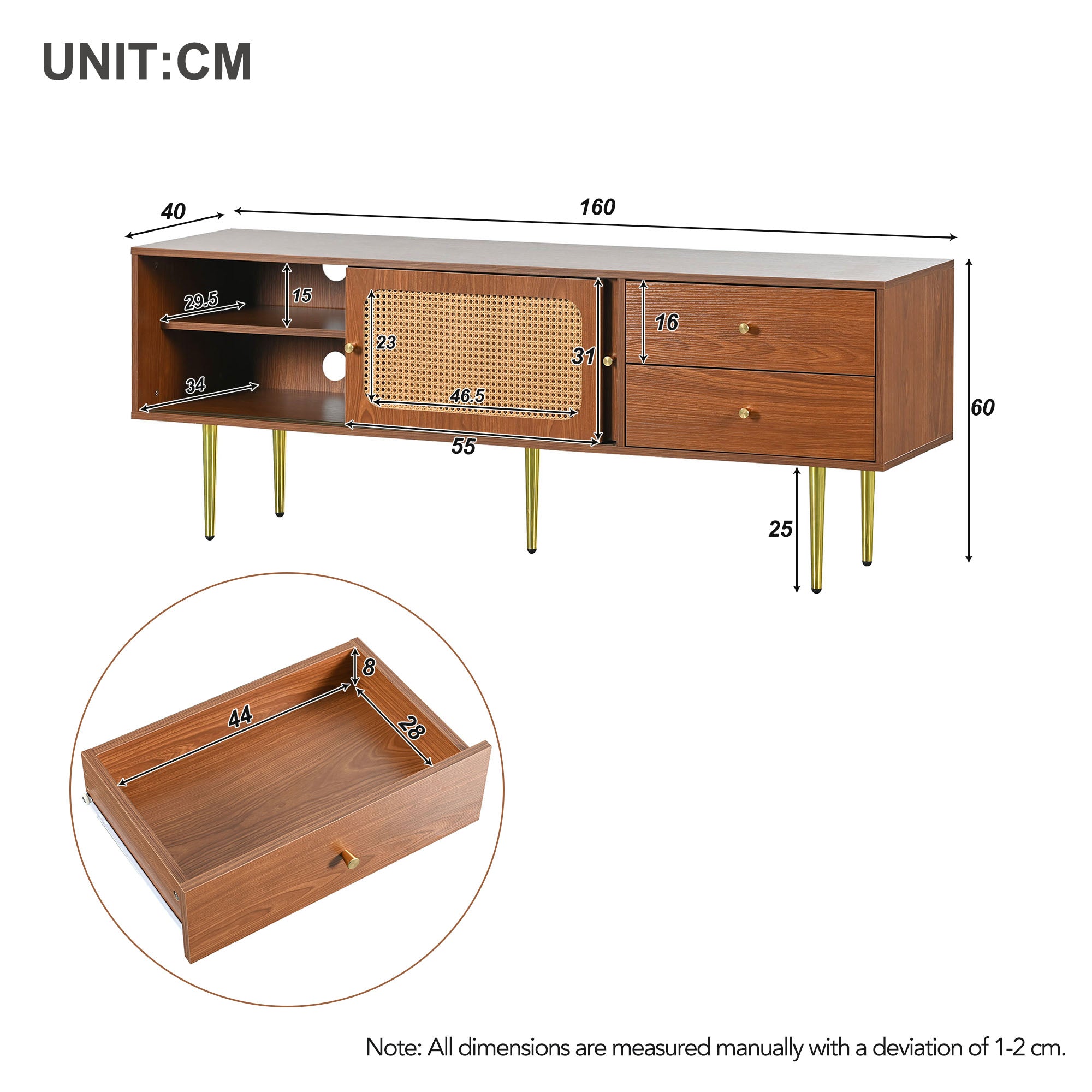 TV Stand with Rattan Sliding Doors & Drawers, Walnut