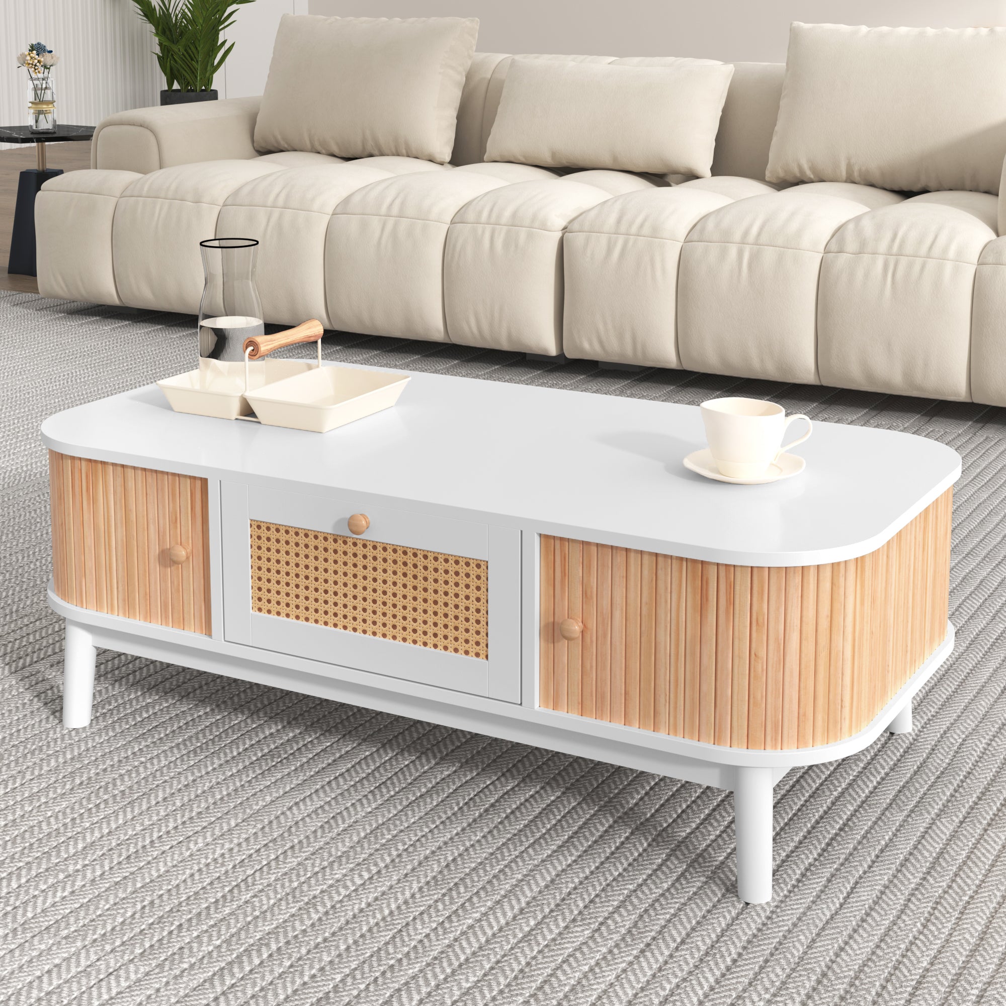 Coffee table rattan, drawers with rattan and solid wood slats, solid wood legs, natural country style.
