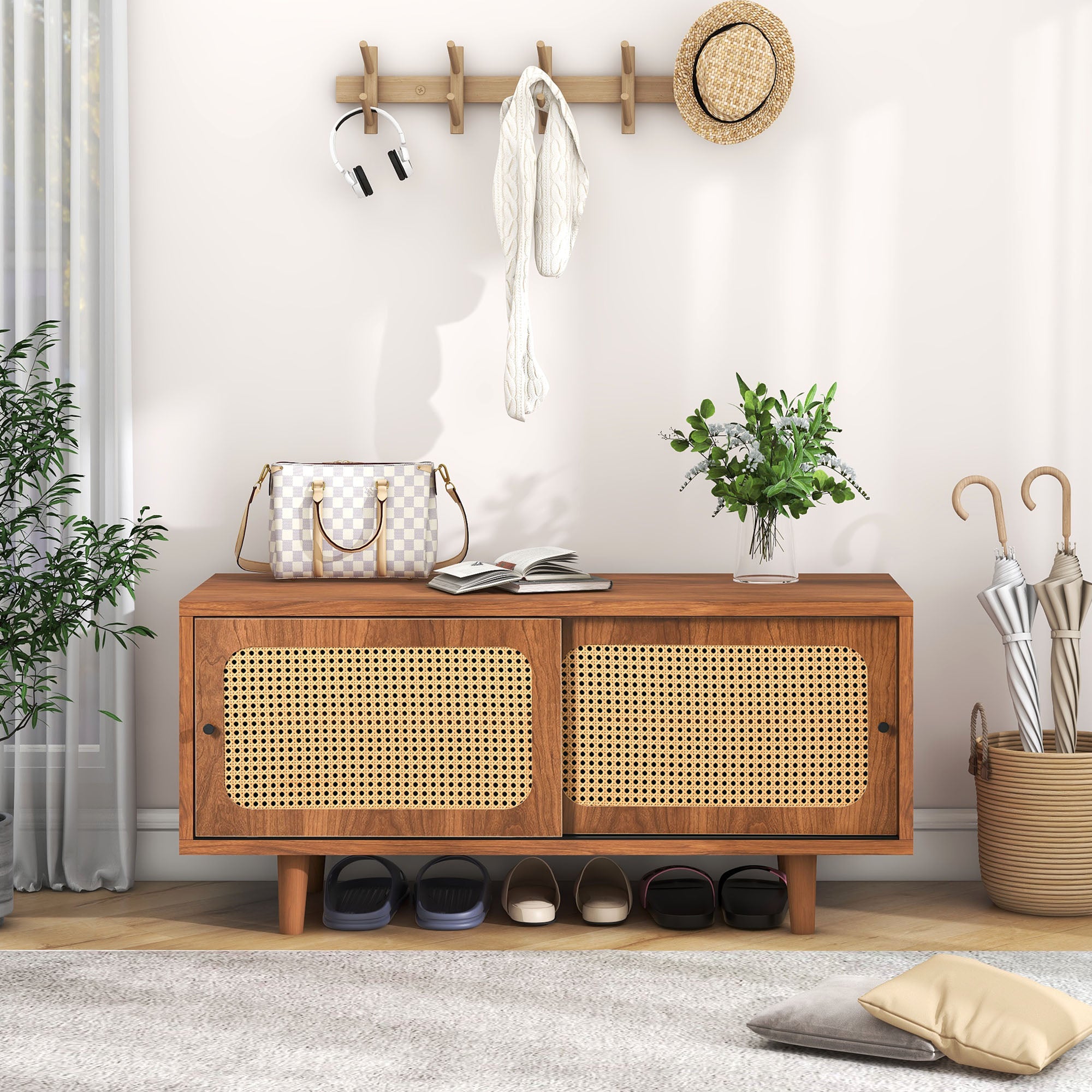 Rattan Shoe Cabinet with Adjustable Shelf, 2 Doors, Walnut Finish