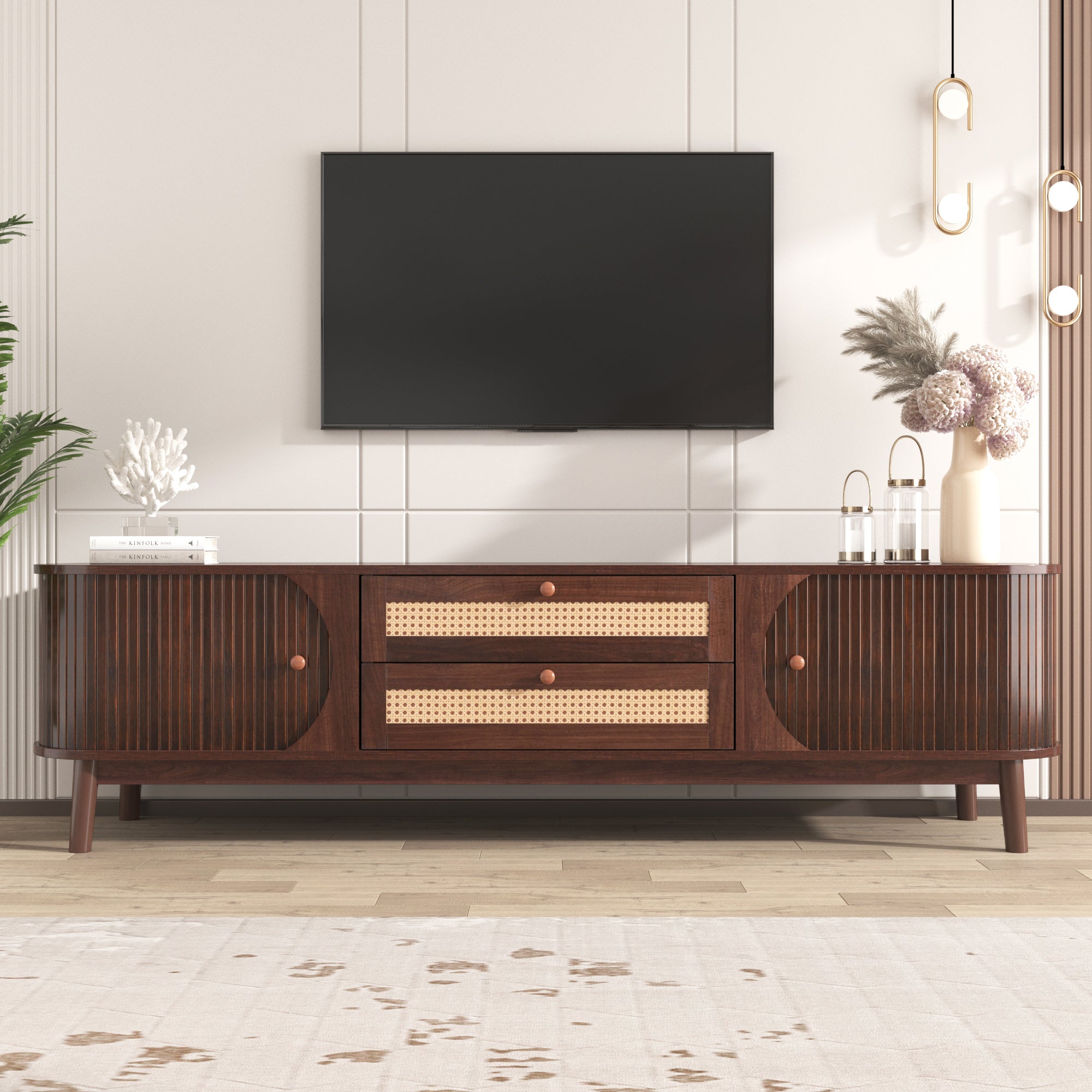 TV Cabinet, Wood Blend with Rattan Sides, Natural