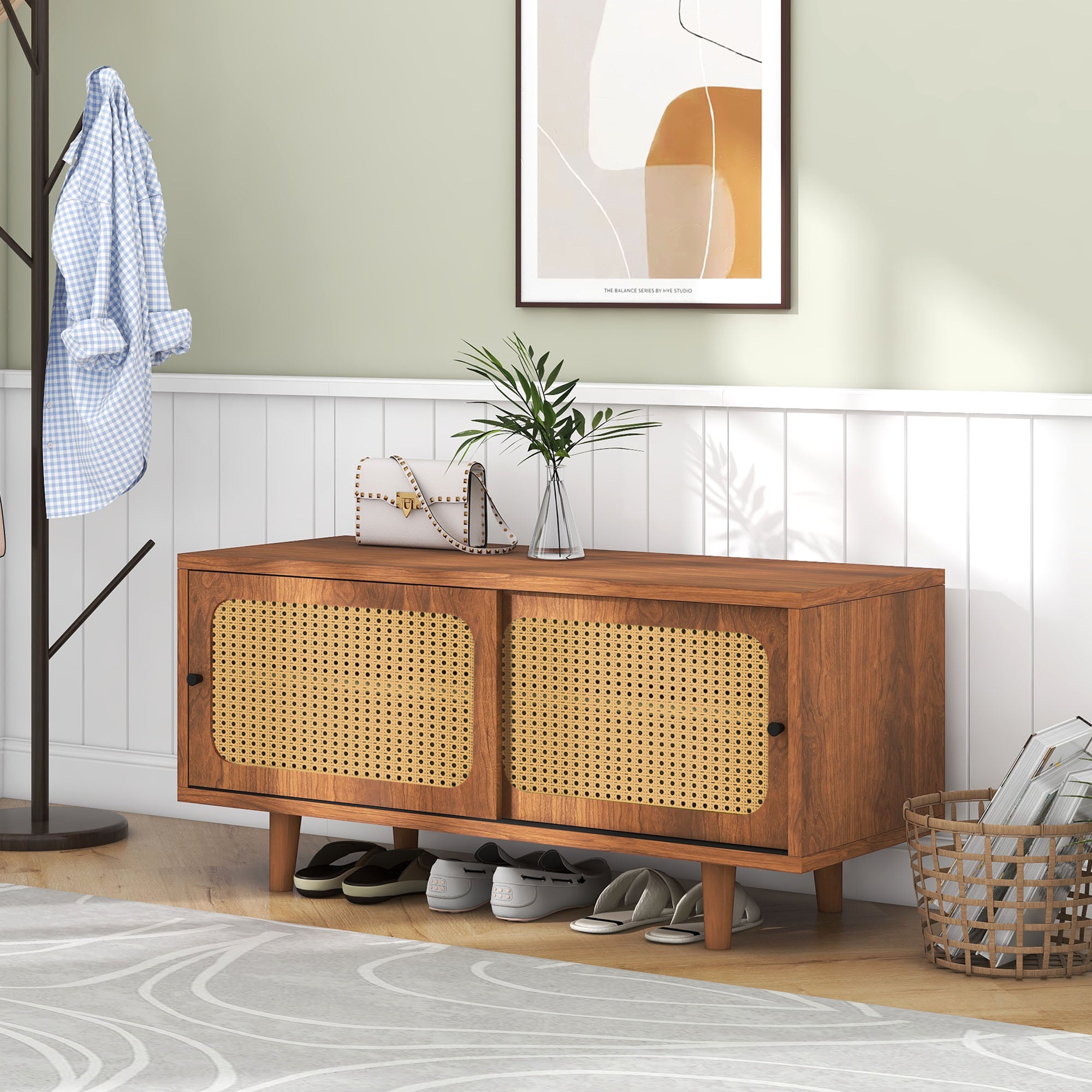 Rattan Shoe Cabinet with Adjustable Shelf, 2 Doors, Walnut Finish