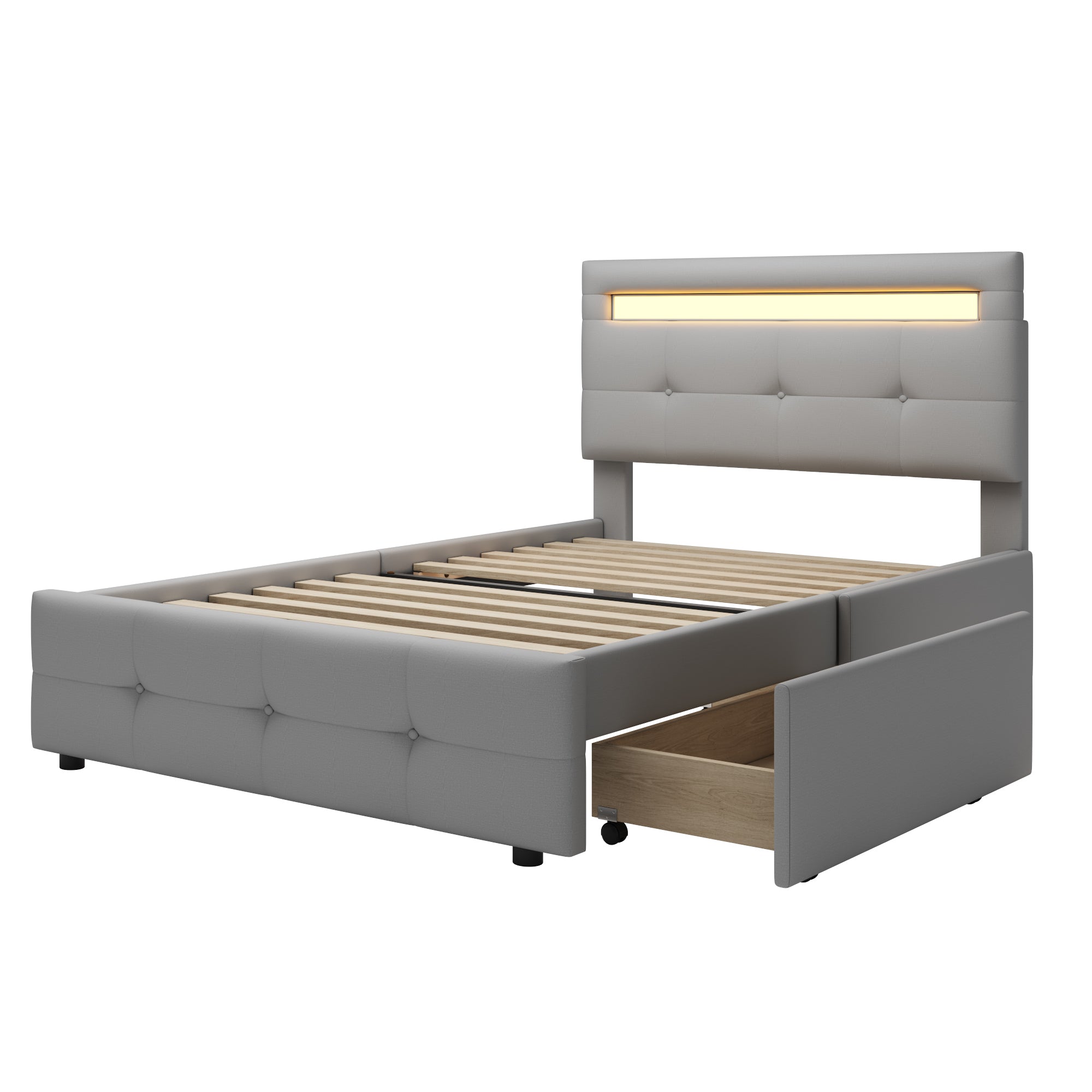 Upholstered Bed, 90x200cm, LED Lights, 2 Drawers, Linen Grey