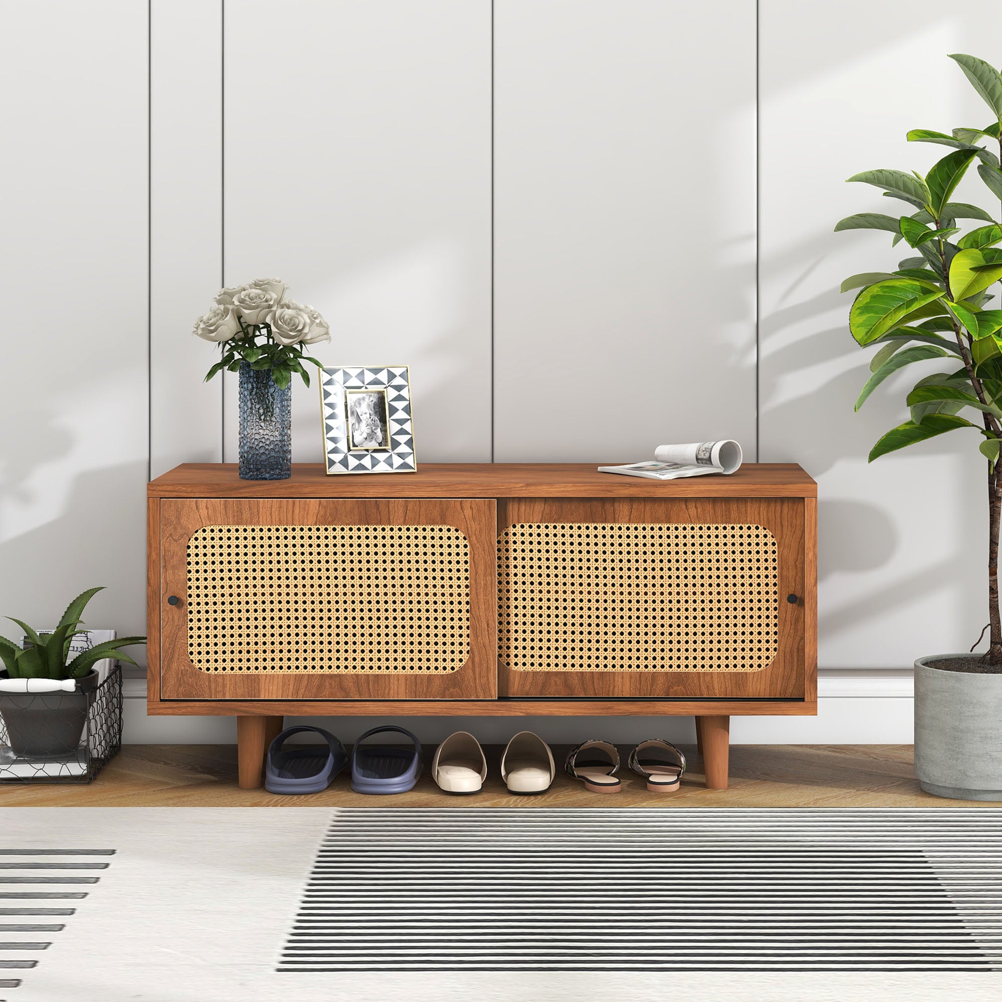 Rattan Shoe Cabinet with Adjustable Shelf, 2 Doors, Walnut Finish