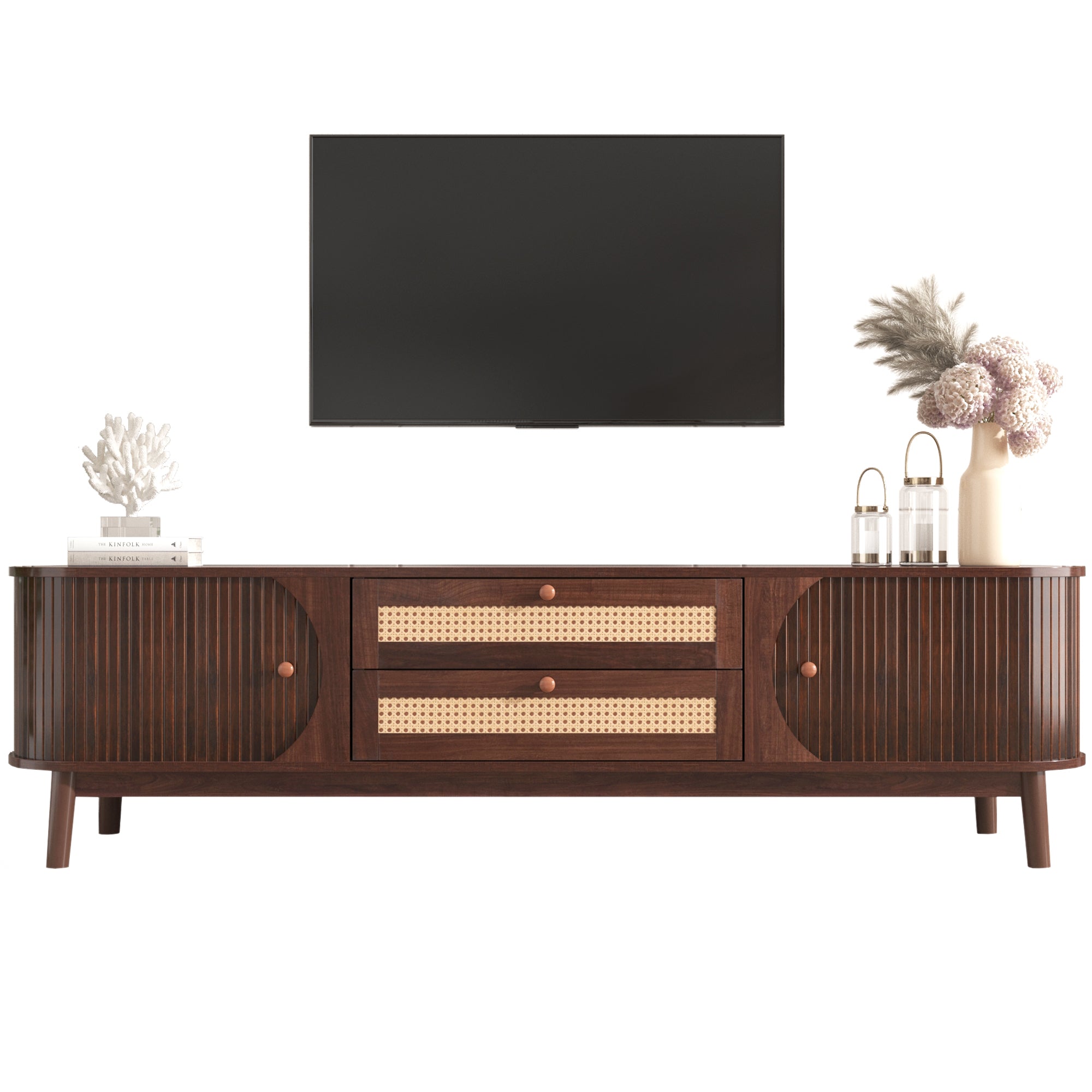 TV Cabinet, Wood Blend with Rattan Sides, Natural