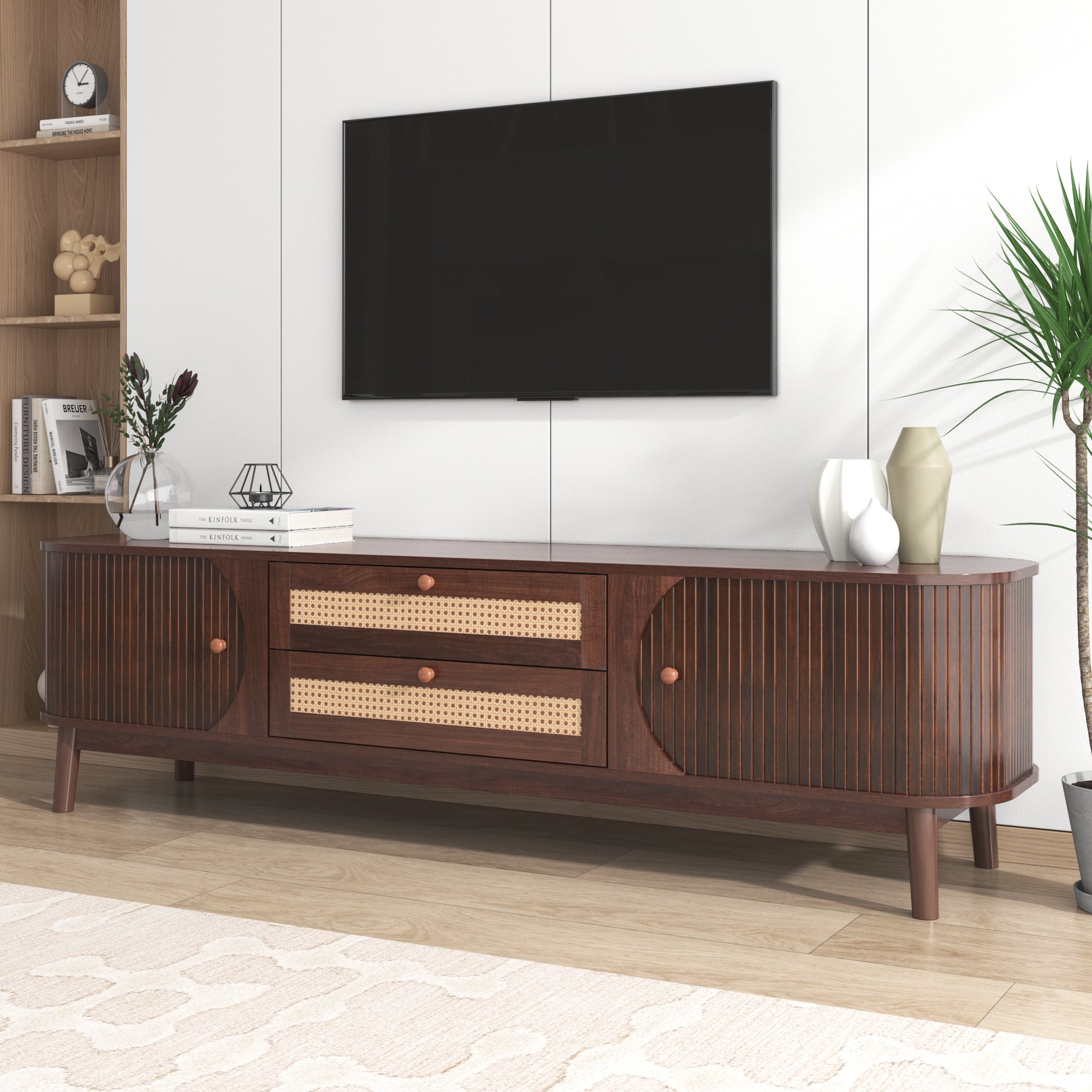 TV Cabinet, Wood Blend with Rattan Sides, Natural