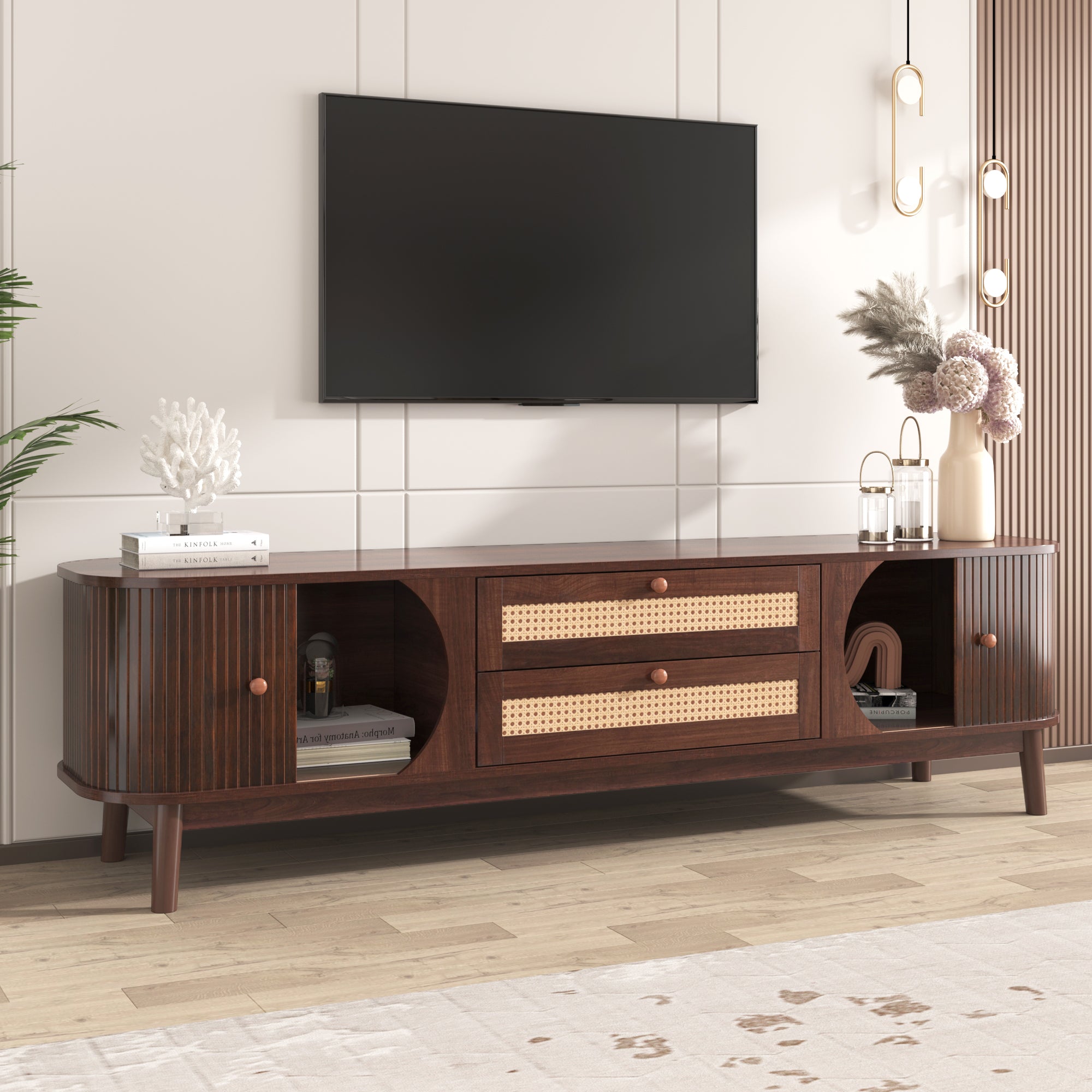 TV Cabinet, Wood Blend with Rattan Sides, Natural