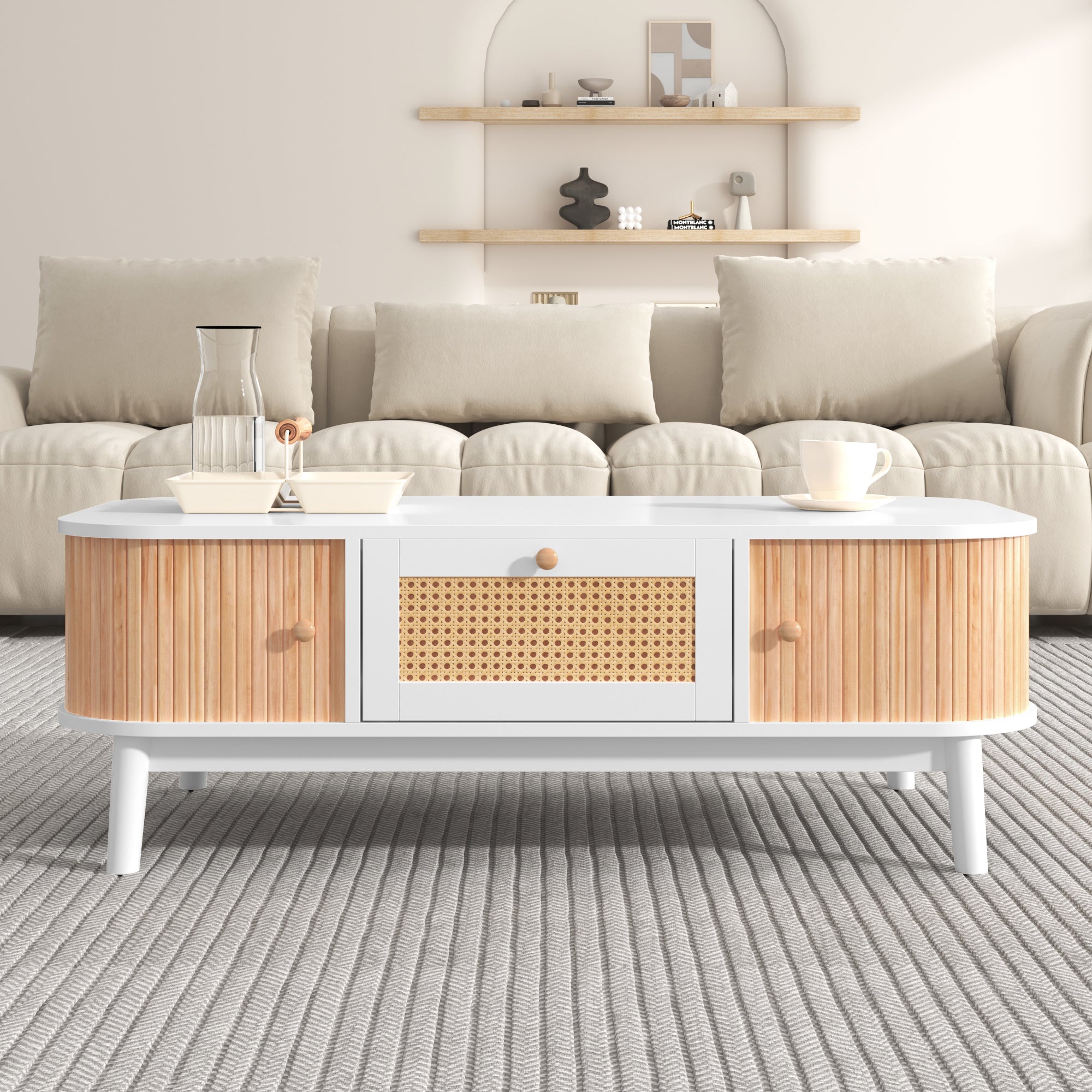 Coffee table rattan, drawers with rattan and solid wood slats, solid wood legs, natural country style.