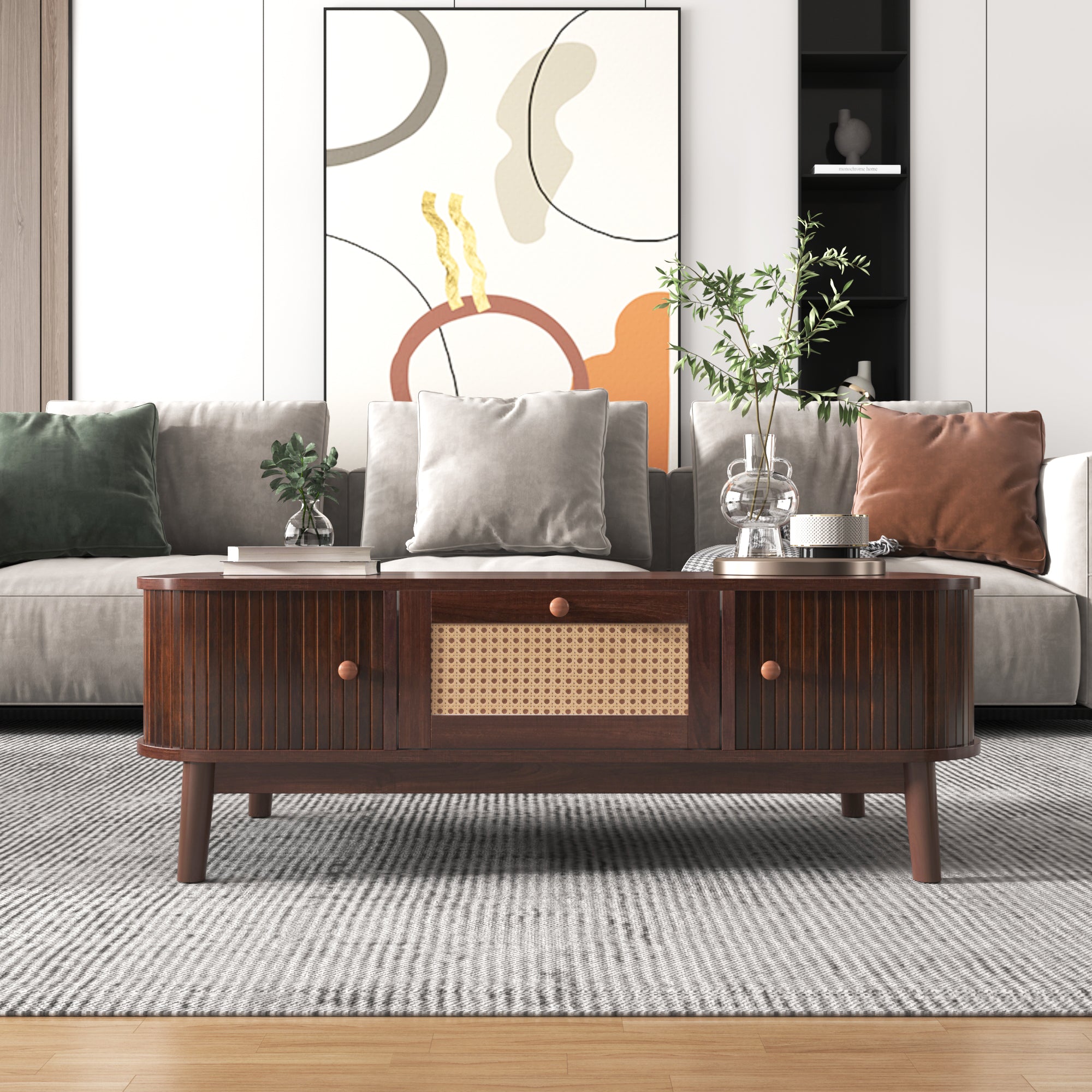 Coffee Table - Rattan, Drawers, Sliding Doors, Solid Wood, Natural Style
