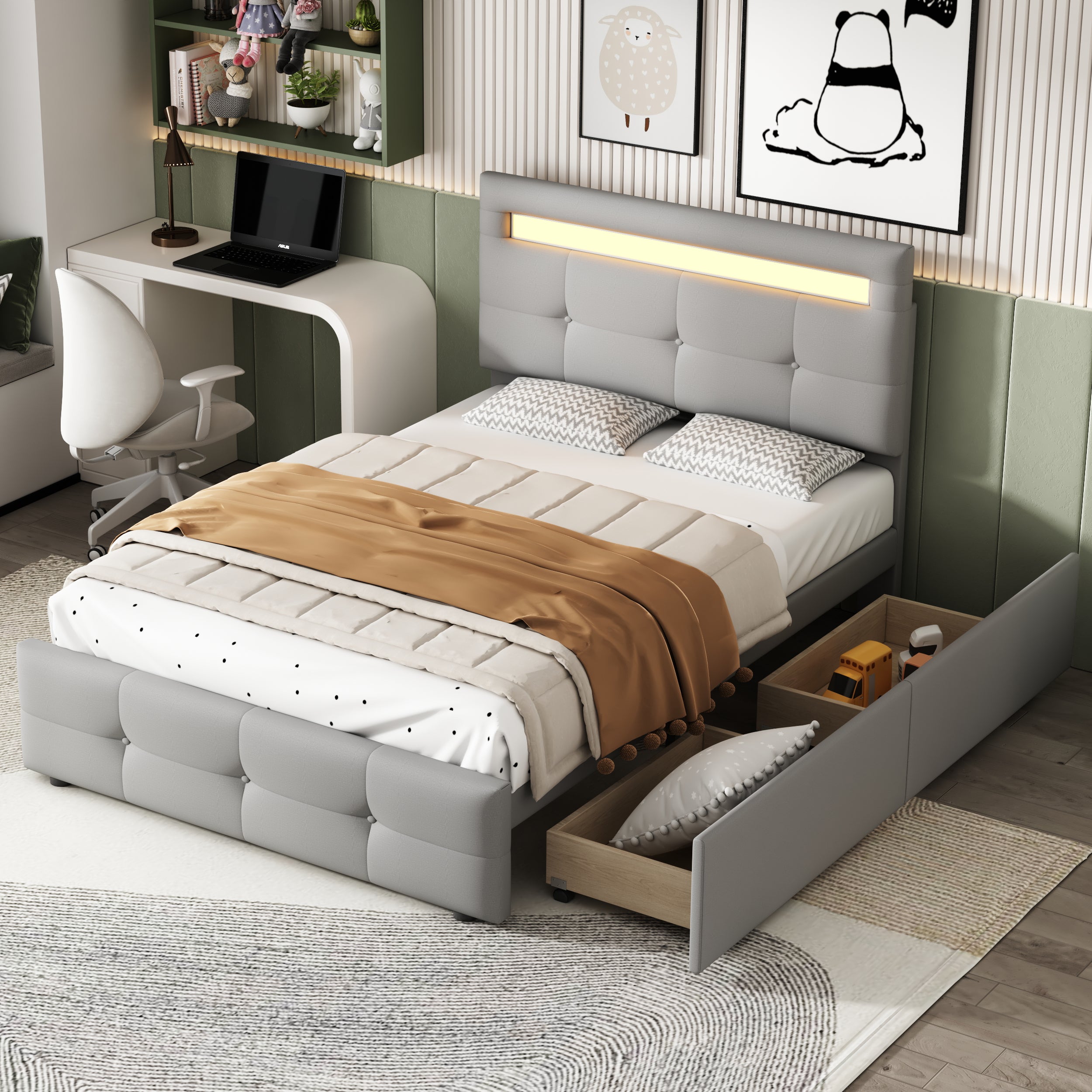 Upholstered Bed 90*200cm, LED Lights, 2 Drawers, Single Bed Linen Upholstery (Grey)