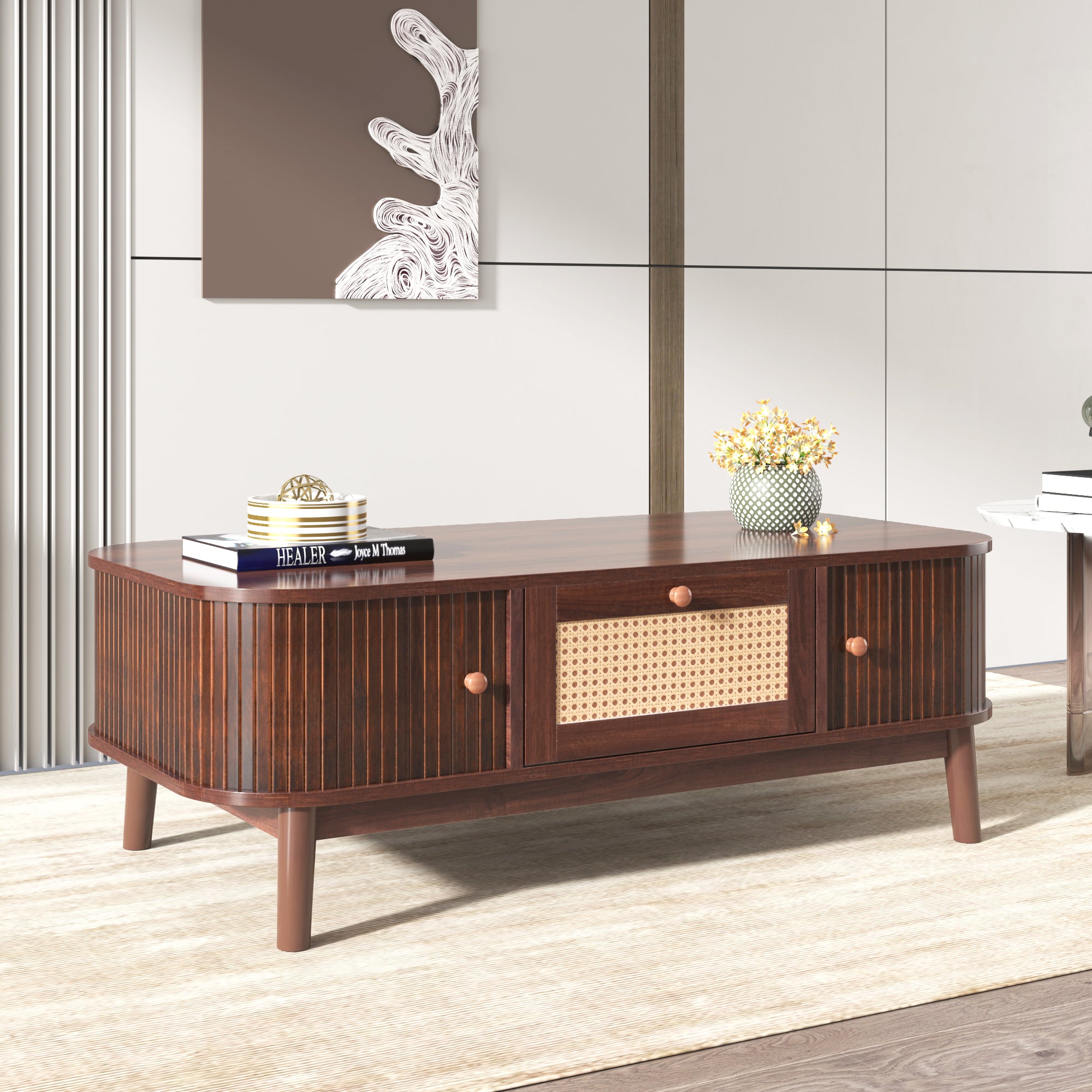 Coffee Table - Rattan, Drawers, Sliding Doors, Solid Wood, Natural Style