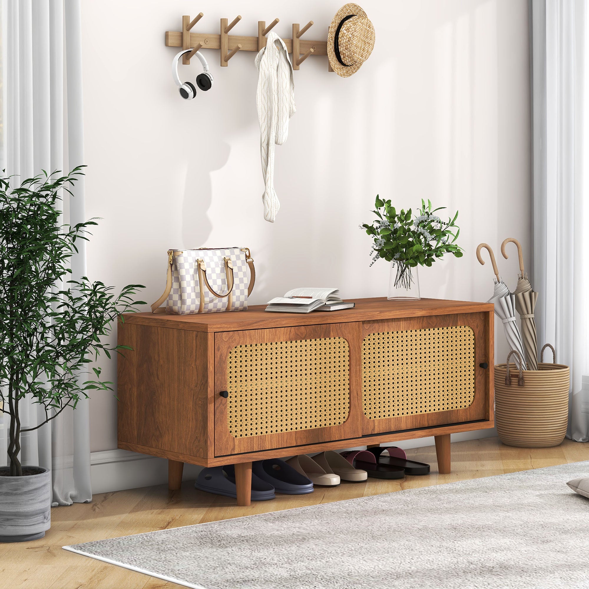 Rattan Shoe Cabinet with Adjustable Shelf, 2 Doors, Walnut Finish
