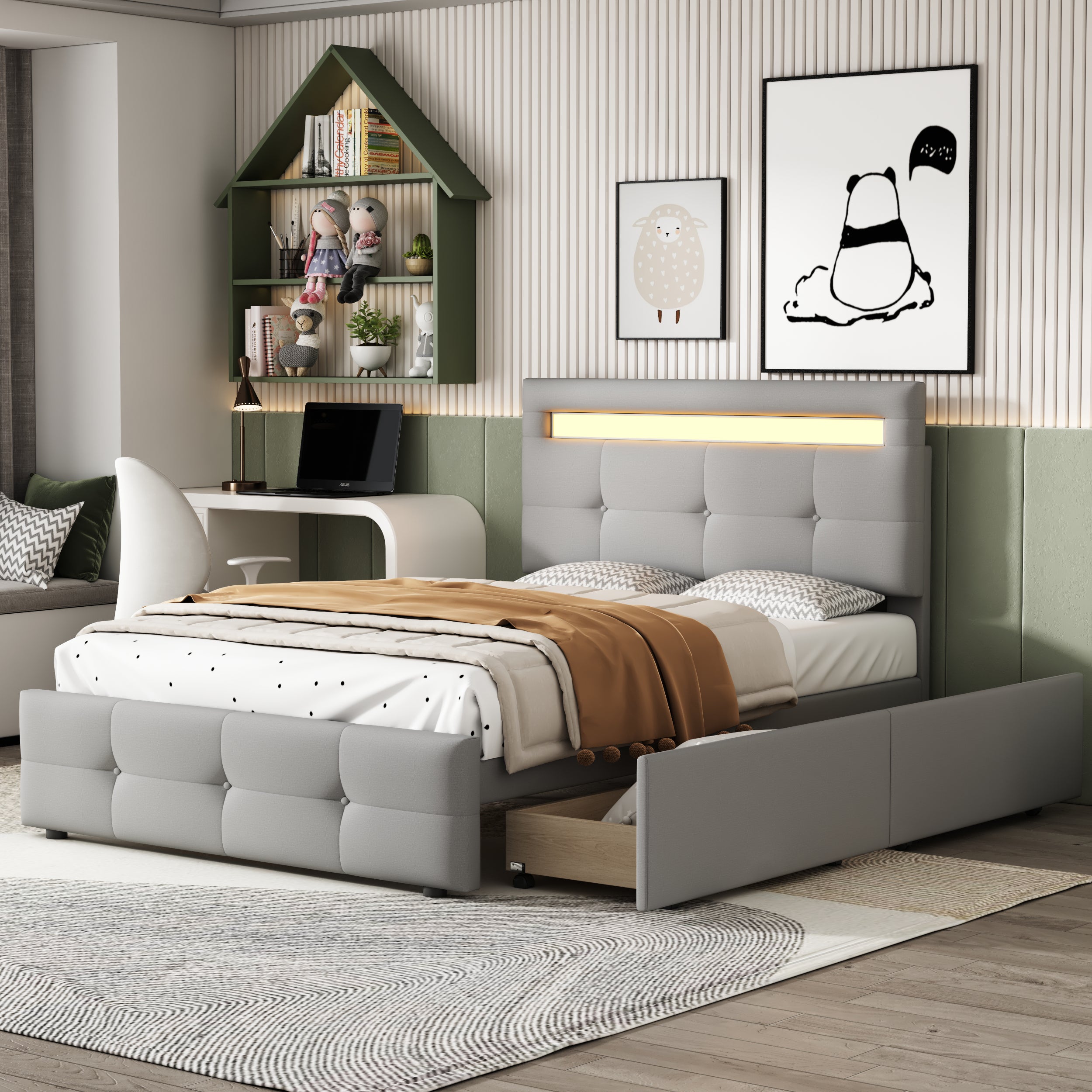 Upholstered Bed, 90x200cm, LED Lights, 2 Drawers, Linen Grey
