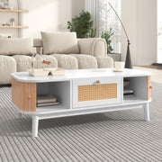 Coffee table rattan, drawers with rattan and solid wood slats, solid wood legs, natural country style.