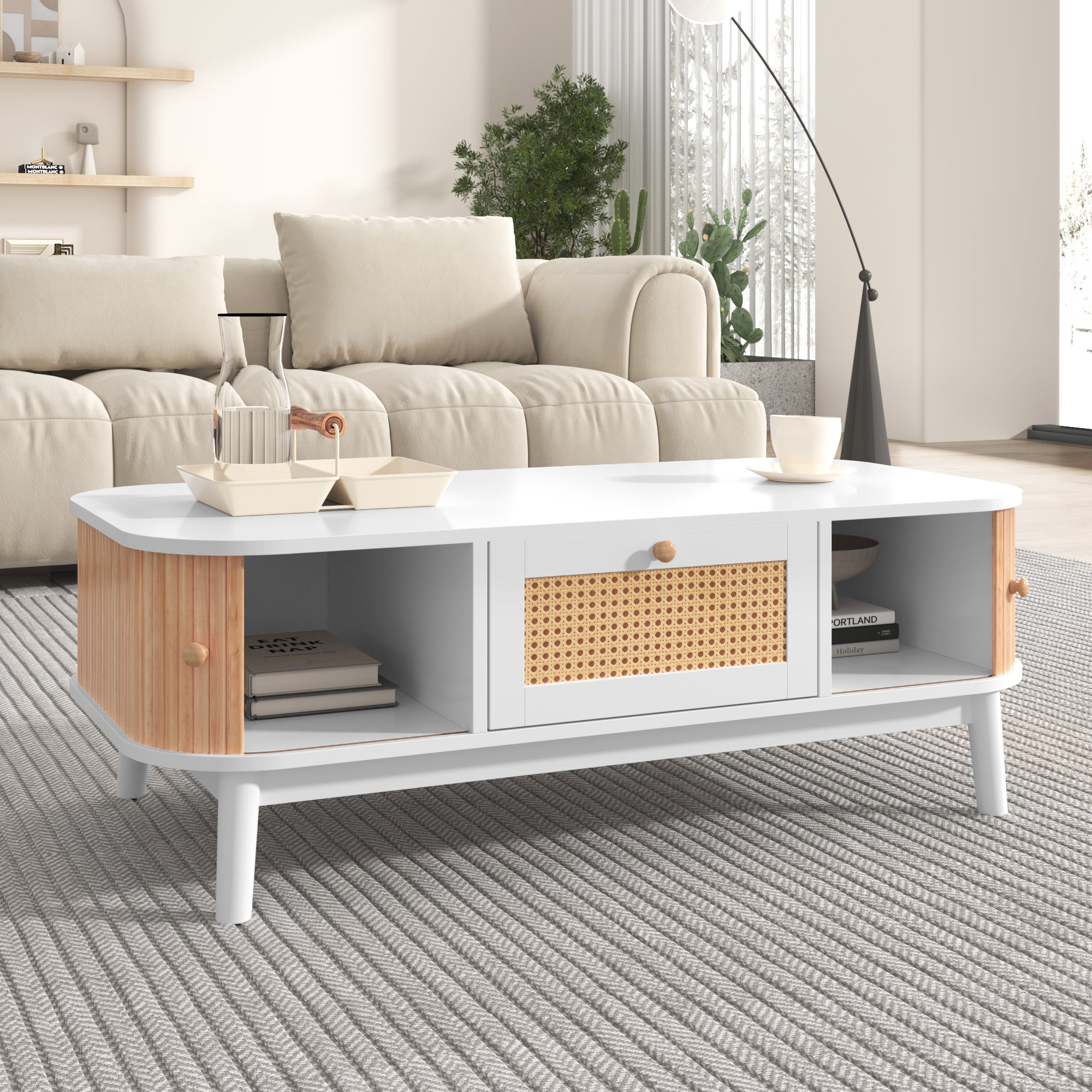 Coffee table rattan, drawers with rattan and solid wood slats, solid wood legs, natural country style.