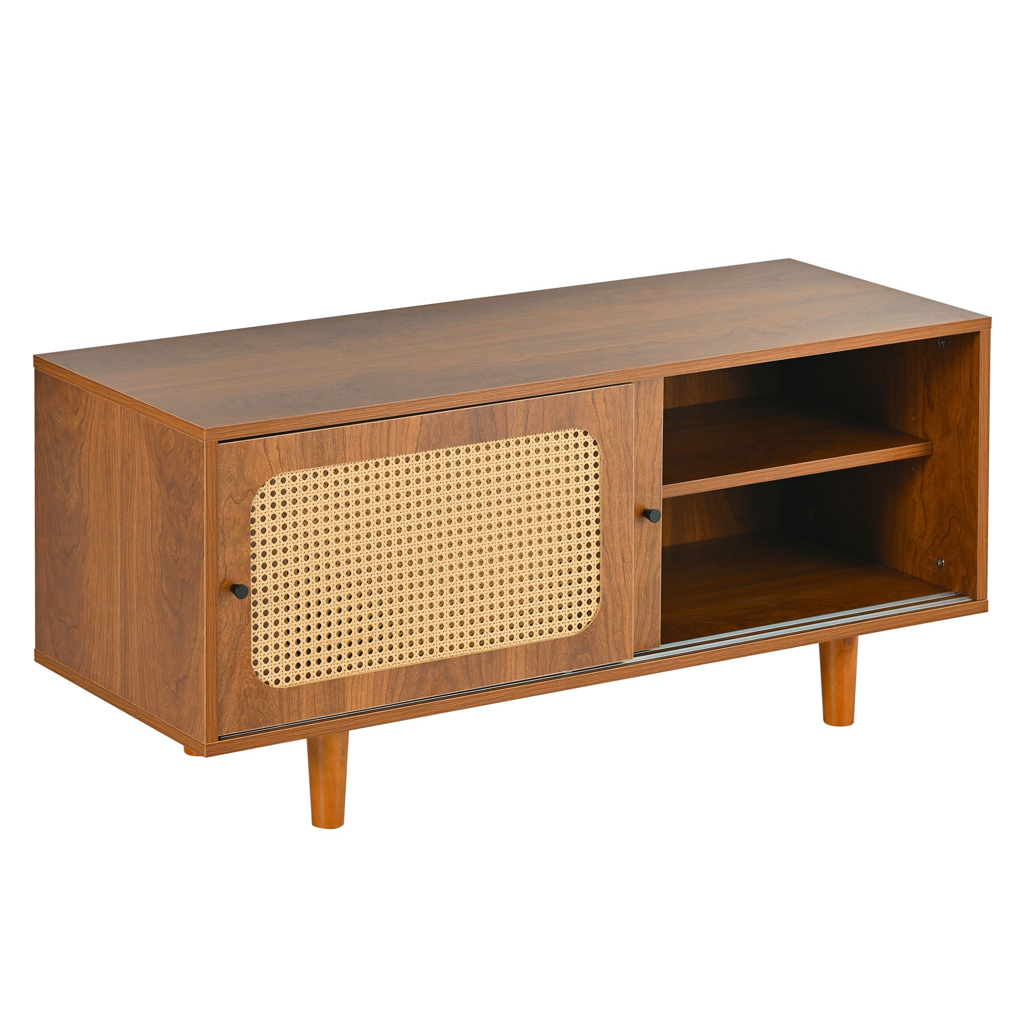 Rattan Shoe Cabinet with Adjustable Shelf, 2 Doors, Walnut Finish