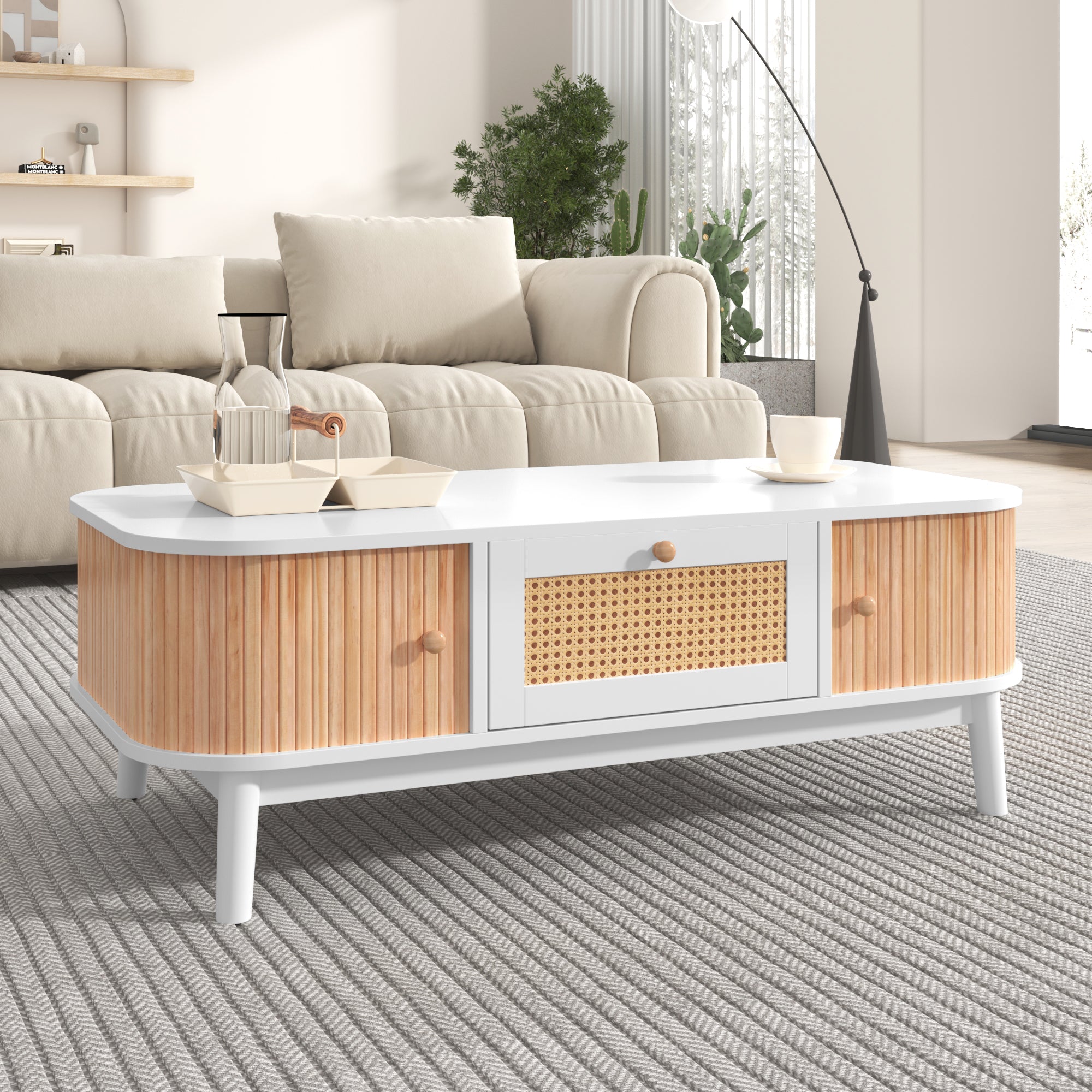 Coffee table rattan, drawers with rattan and solid wood slats, solid wood legs, natural country style.