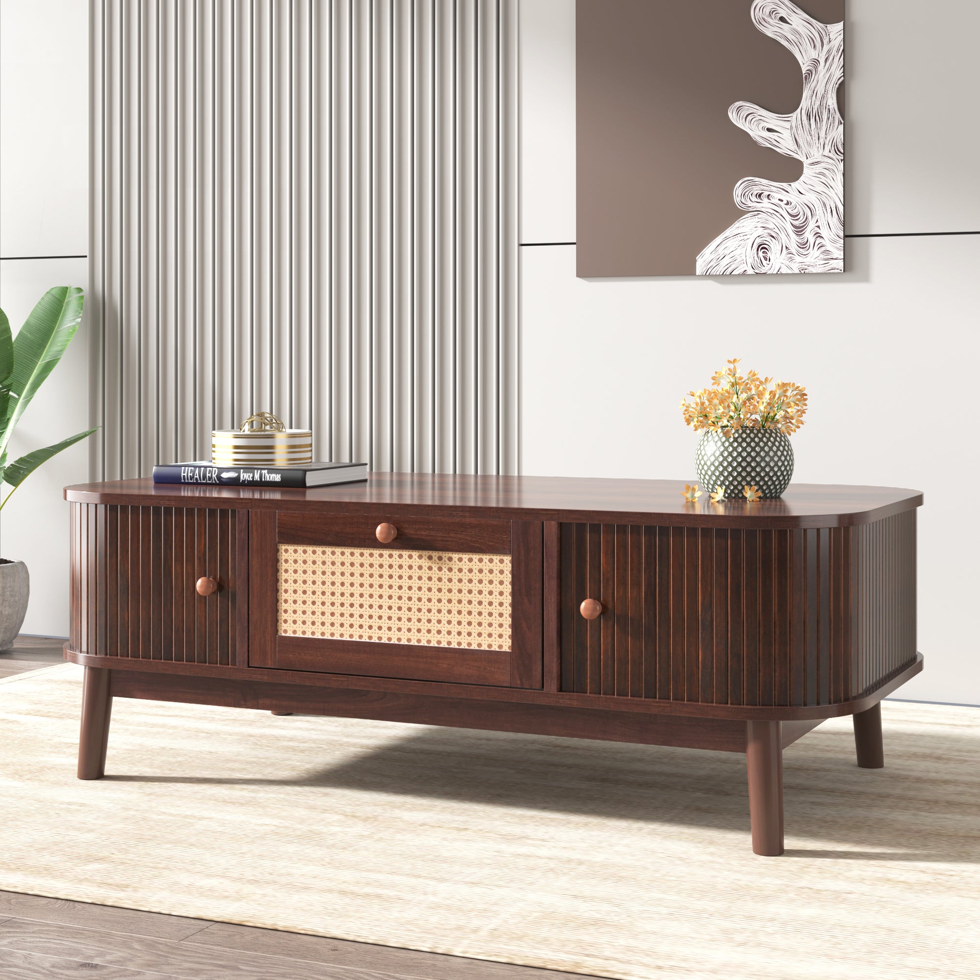 Coffee Table - Rattan, Drawers, Sliding Doors, Solid Wood, Natural Style