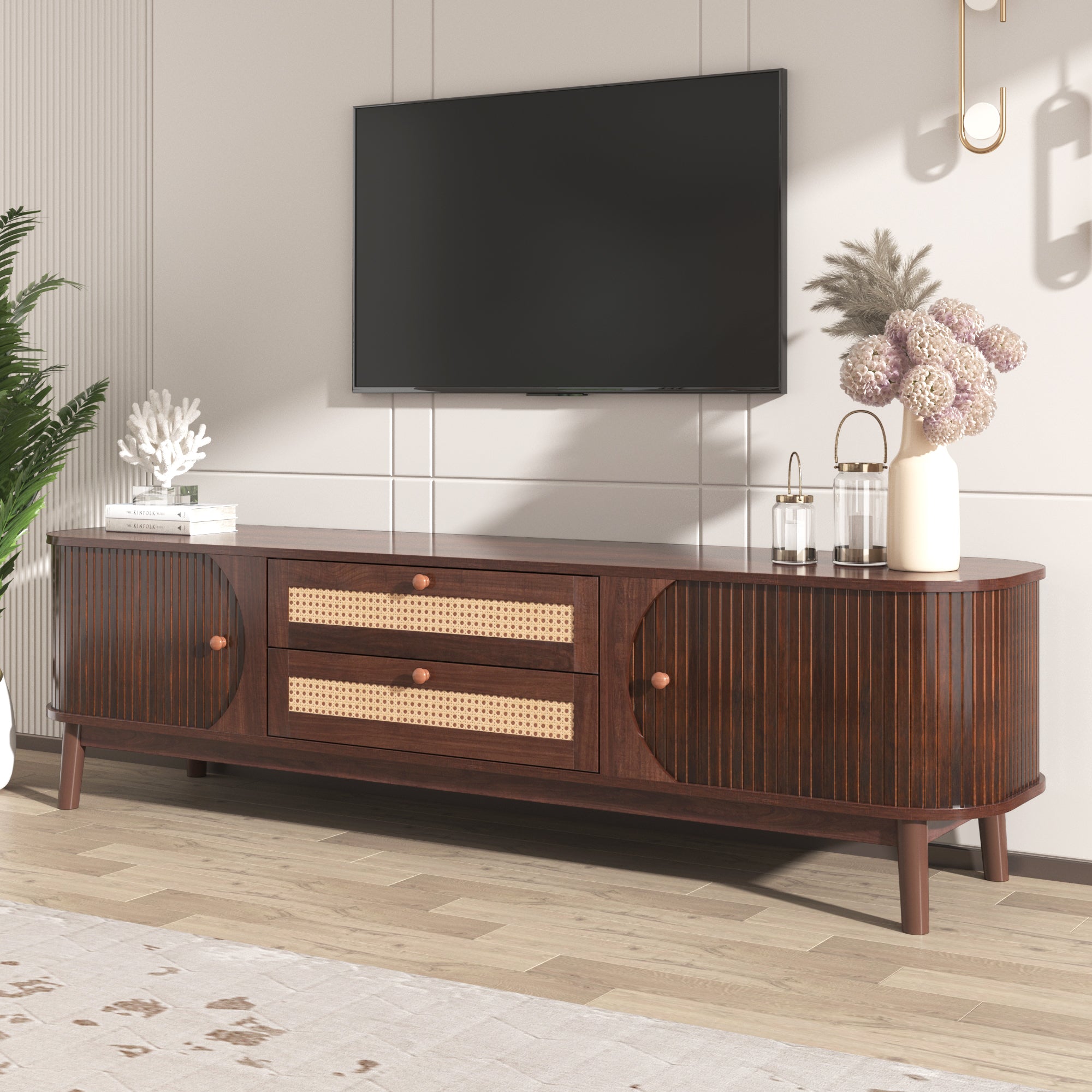 TV Cabinet, Wood Blend with Rattan Sides, Natural