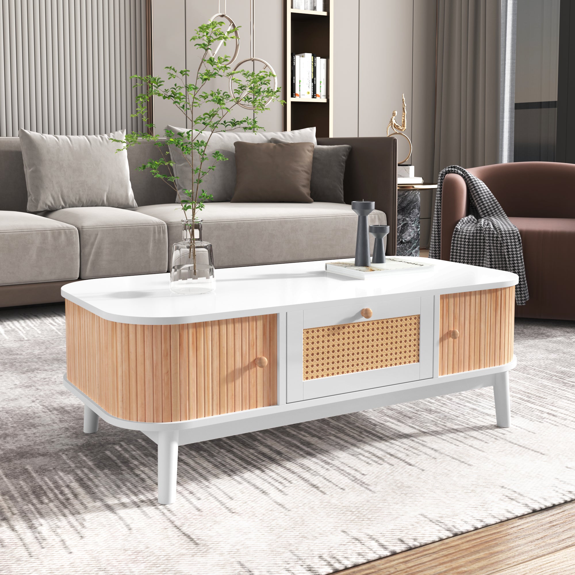 Coffee table rattan, drawers with rattan and solid wood slats, solid wood legs, natural country style.
