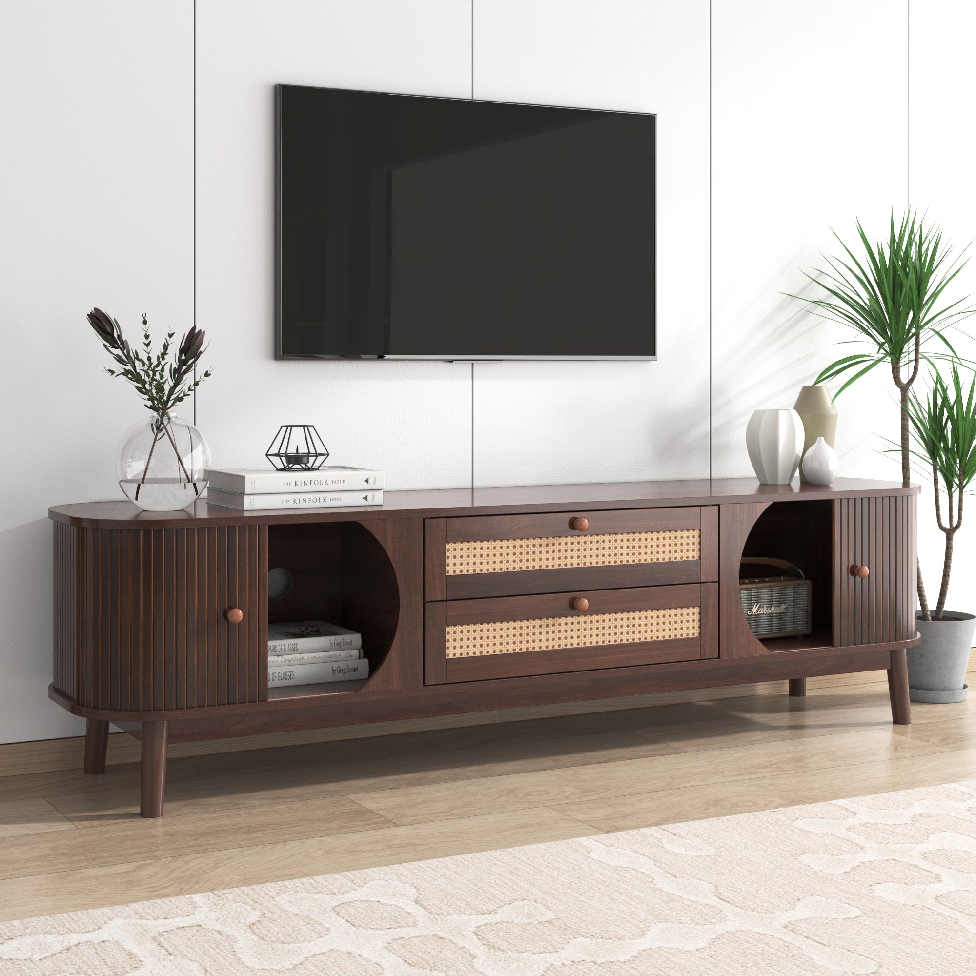 TV Cabinet, Wood Blend with Rattan Sides, Natural