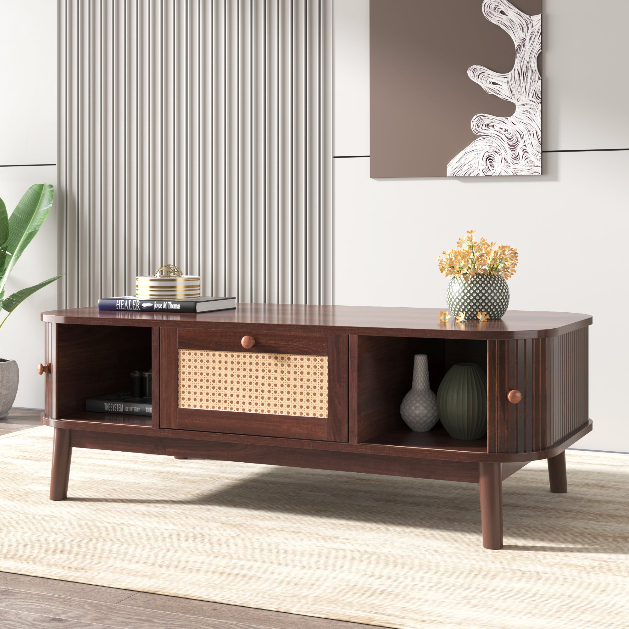 Coffee Table - Rattan, Drawers, Sliding Doors, Solid Wood, Natural Style