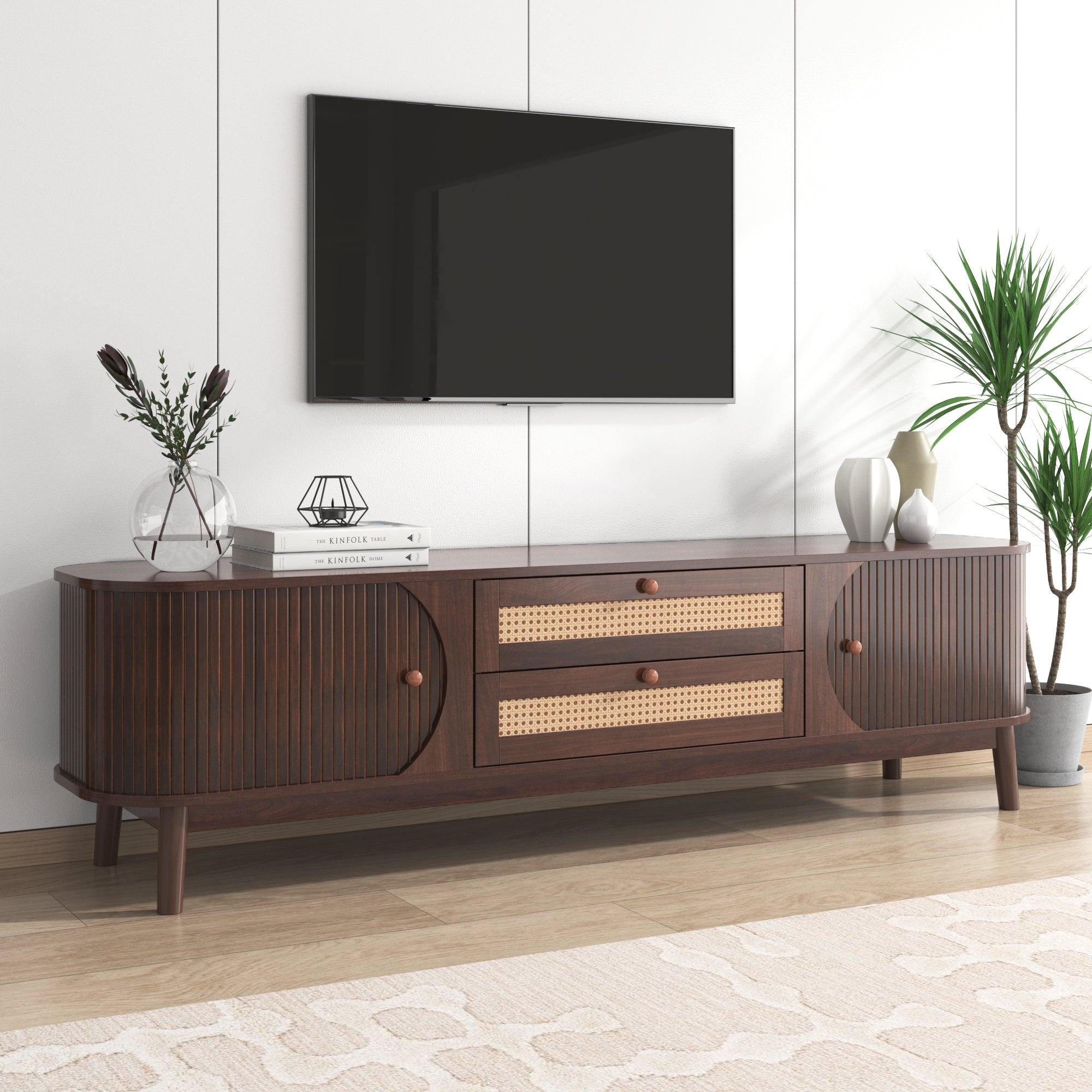 TV Cabinet, Wood Blend with Rattan Sides, Natural