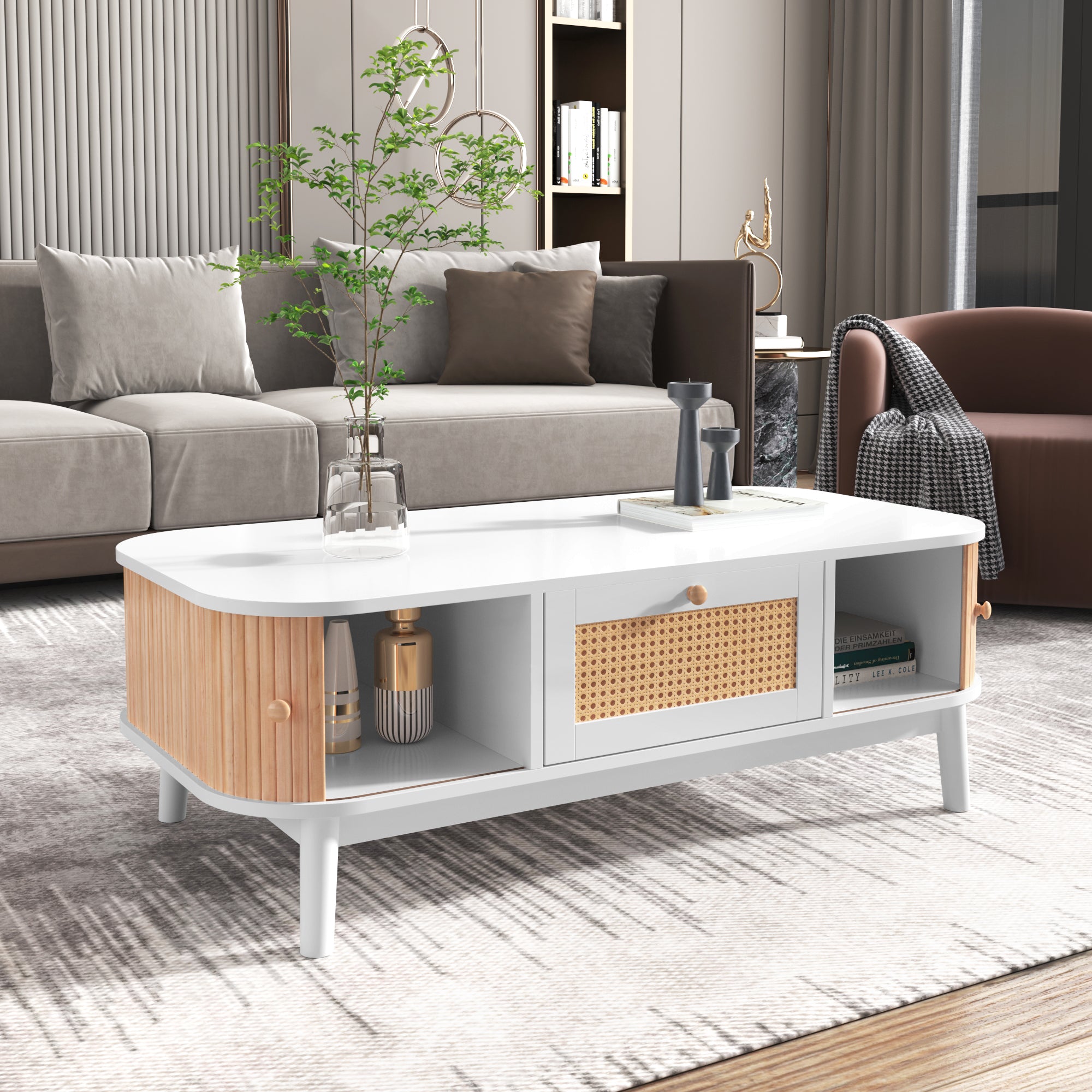 Coffee table rattan, drawers with rattan and solid wood slats, solid wood legs, natural country style.