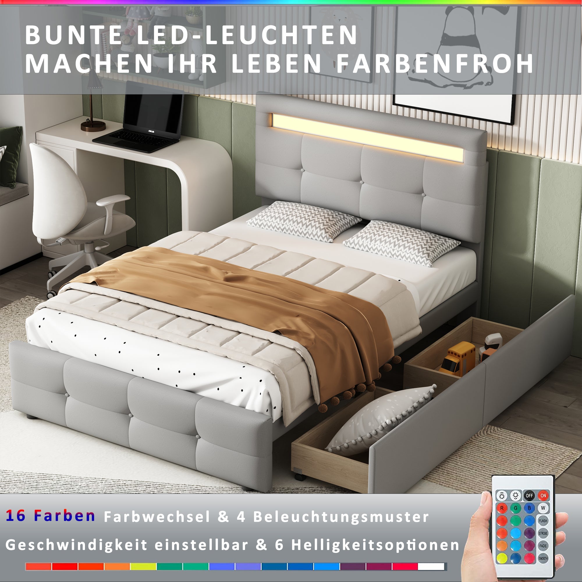 Upholstered Bed 90*200cm, LED Lights, 2 Drawers, Single Bed Linen Upholstery (Grey)