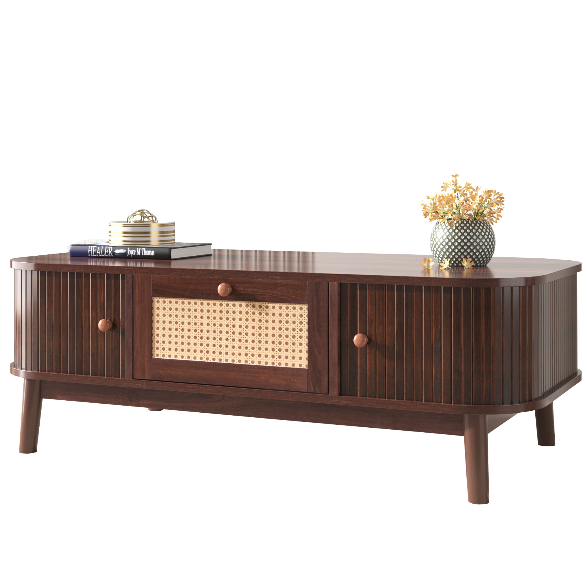 Coffee Table - Rattan, Drawers, Sliding Doors, Solid Wood, Natural Style