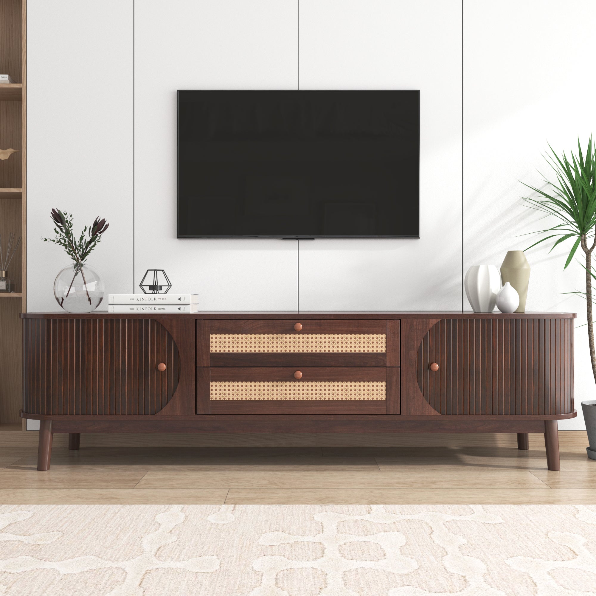TV Cabinet, Wood Blend with Rattan Sides, Natural