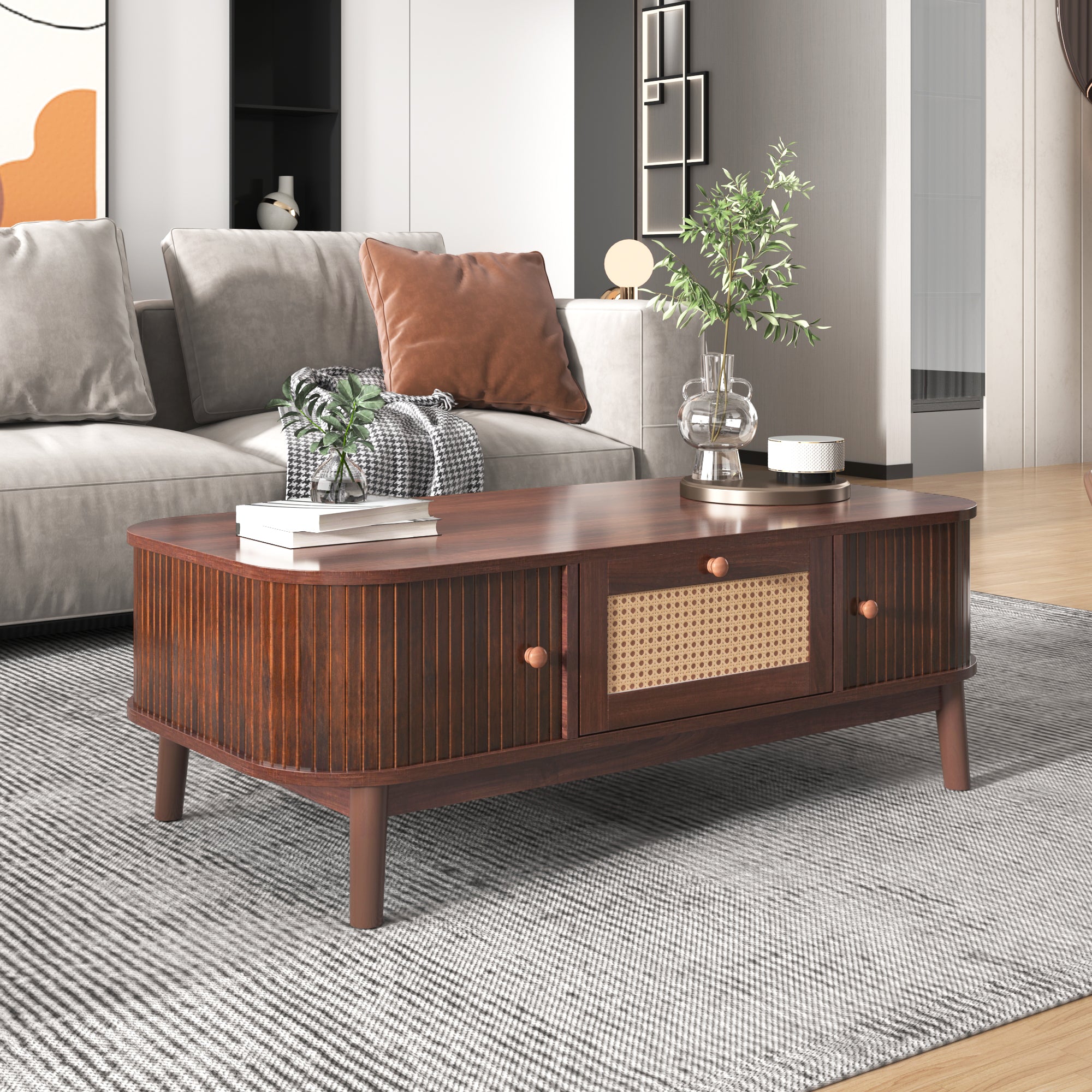 Coffee Table - Rattan, Drawers, Sliding Doors, Solid Wood, Natural Style