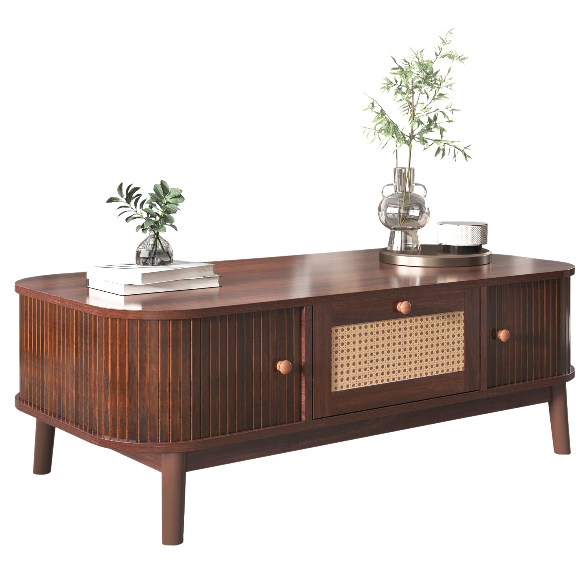 Coffee Table - Rattan, Drawers, Sliding Doors, Solid Wood, Natural Style