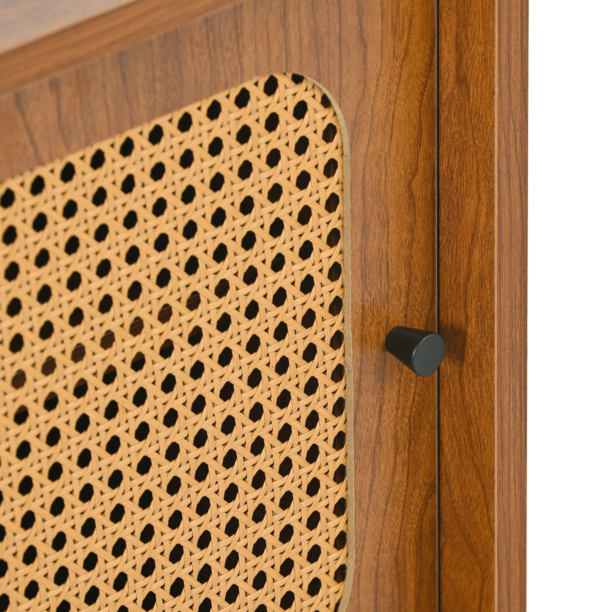 Rattan Shoe Cabinet with Adjustable Shelf, 2 Doors, Walnut Finish