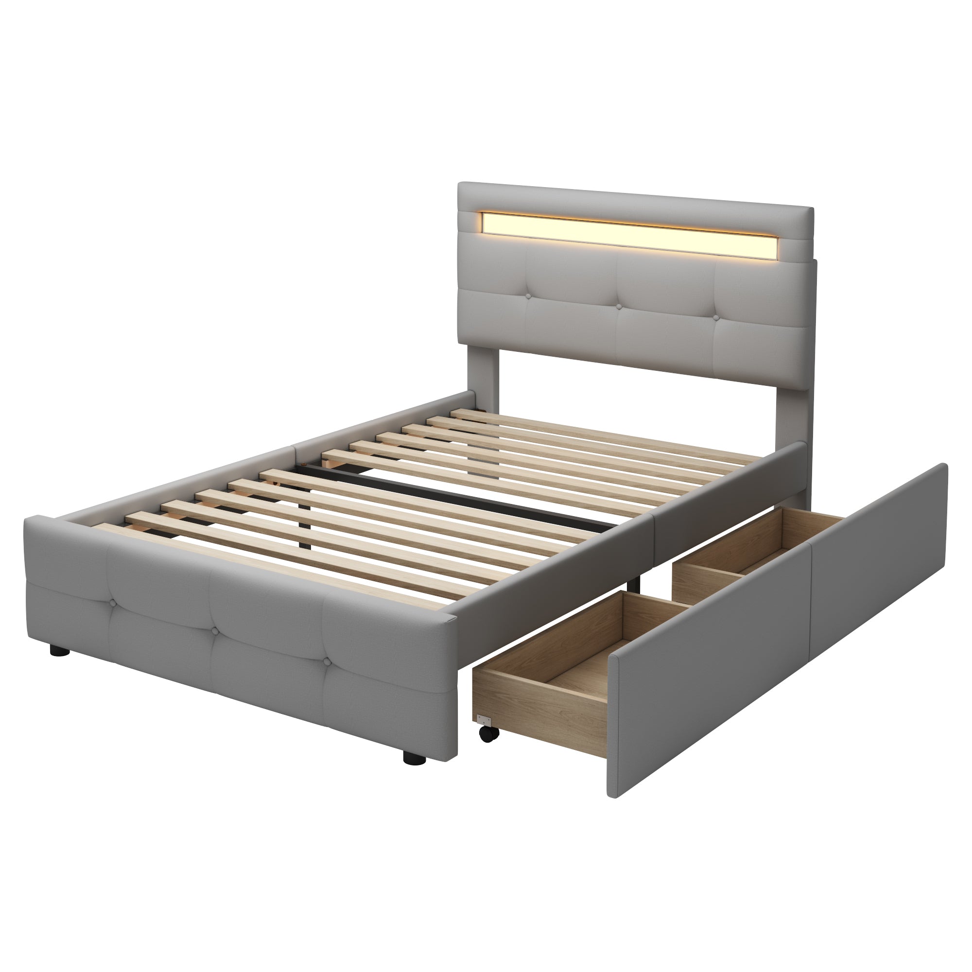 Upholstered Bed 90*200cm, LED Lights, 2 Drawers, Single Bed Linen Upholstery (Grey)