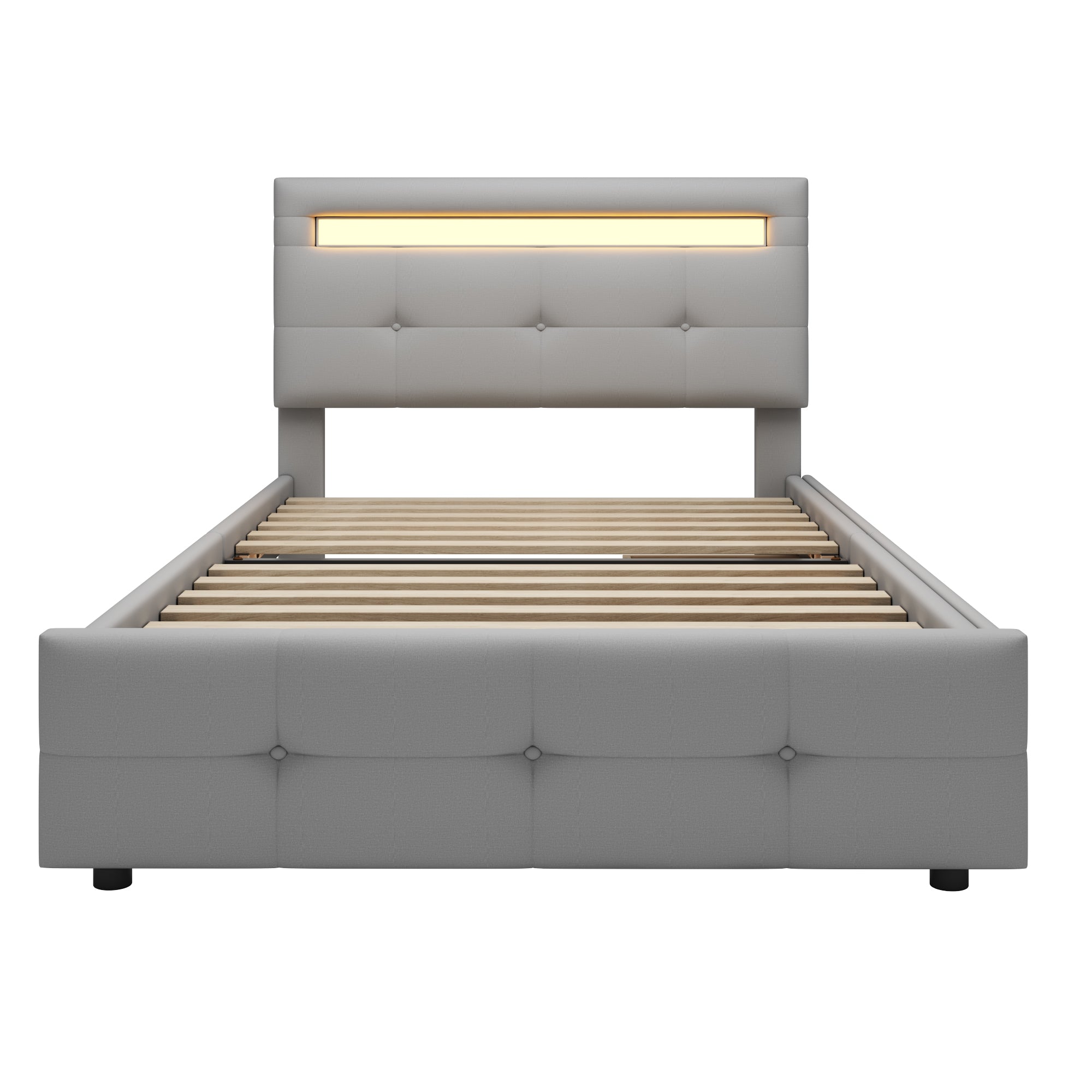 Upholstered Bed 90*200cm, LED Lights, 2 Drawers, Single Bed Linen Upholstery (Grey)