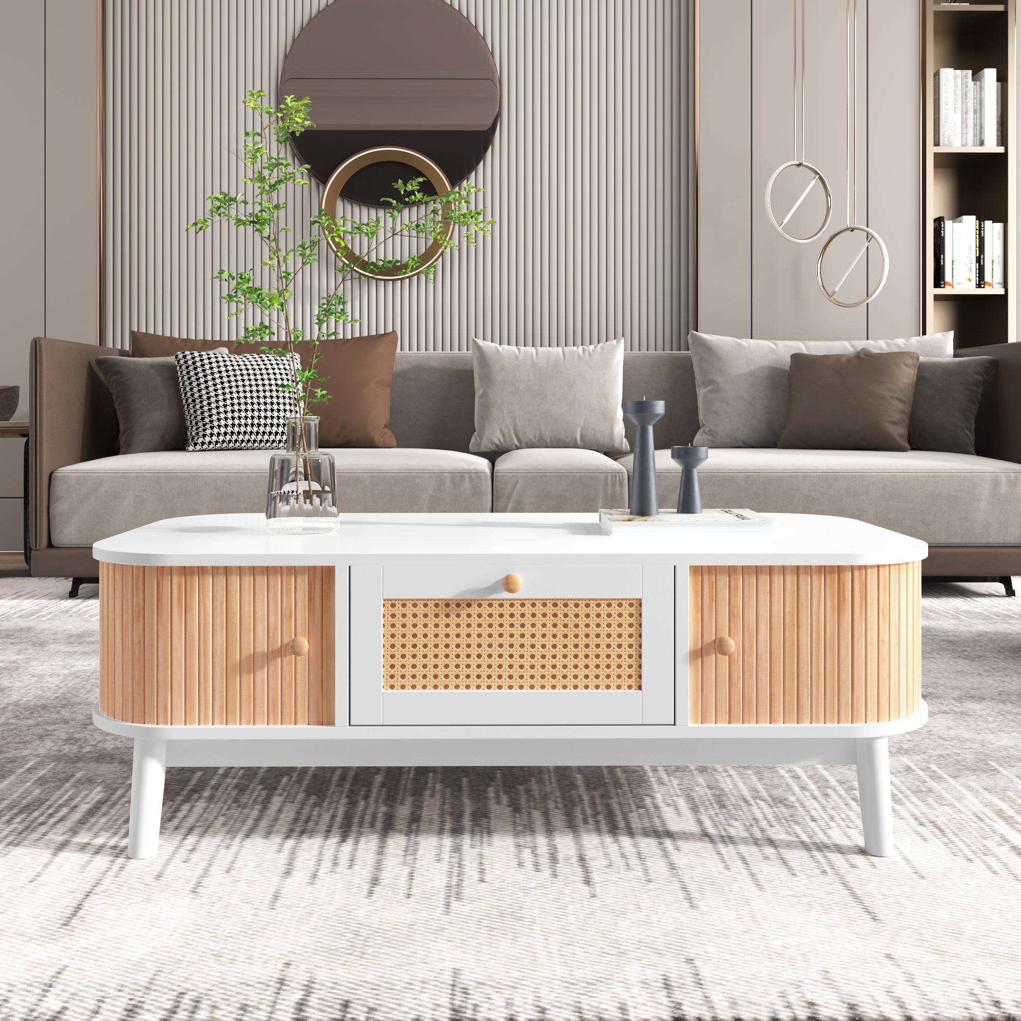 Coffee table rattan, drawers with rattan and solid wood slats, solid wood legs, natural country style.