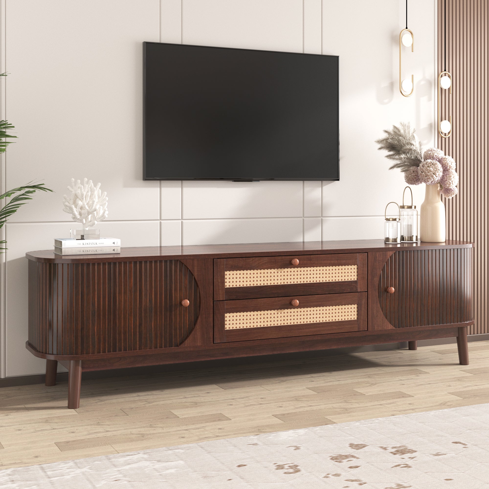 TV Cabinet, Wood Blend with Rattan Sides, Natural