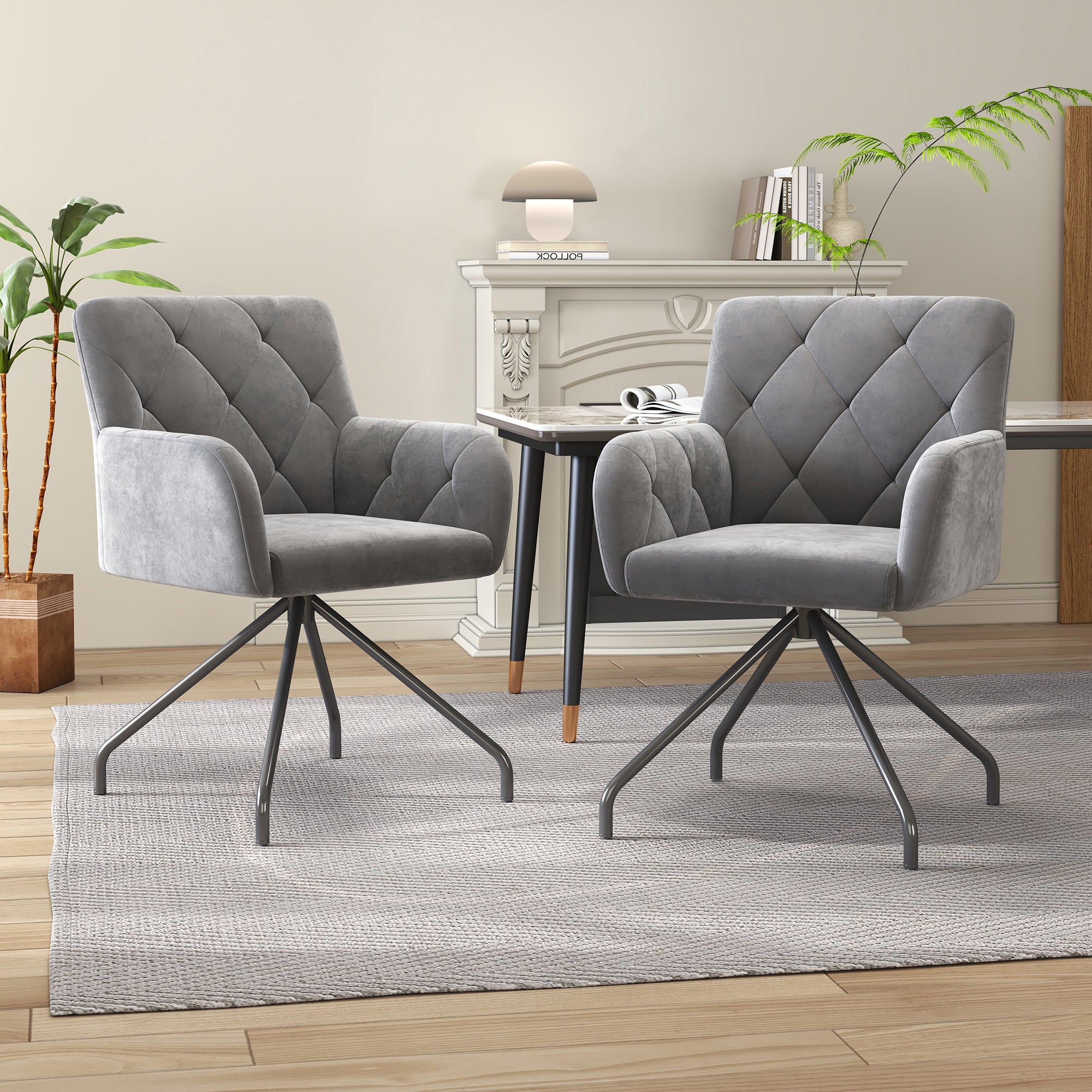 Set of 2 Dining Chairs with Diamond Pattern and Lumbar Support, Light Grey Velvet