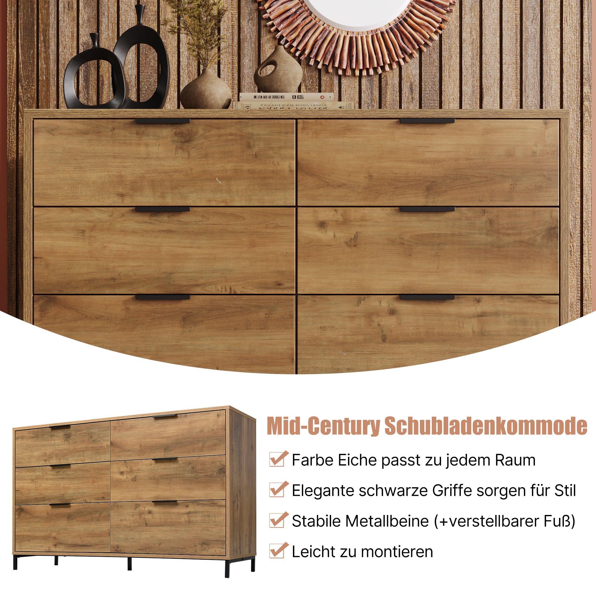 Chest of Drawers Sideboard, 6 Drawers 120x40x76cm Highboard, Dark Oak