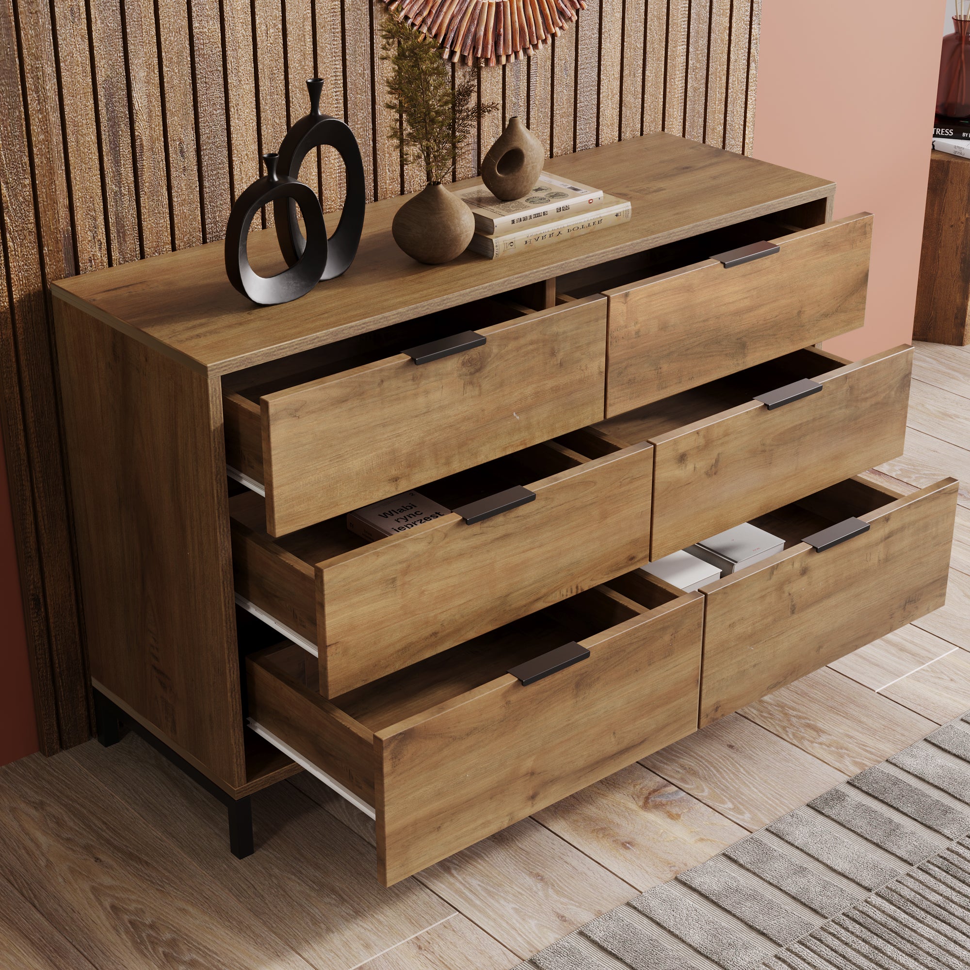 Chest of Drawers Sideboard, 6 Drawers 120x40x76cm Highboard, Dark Oak