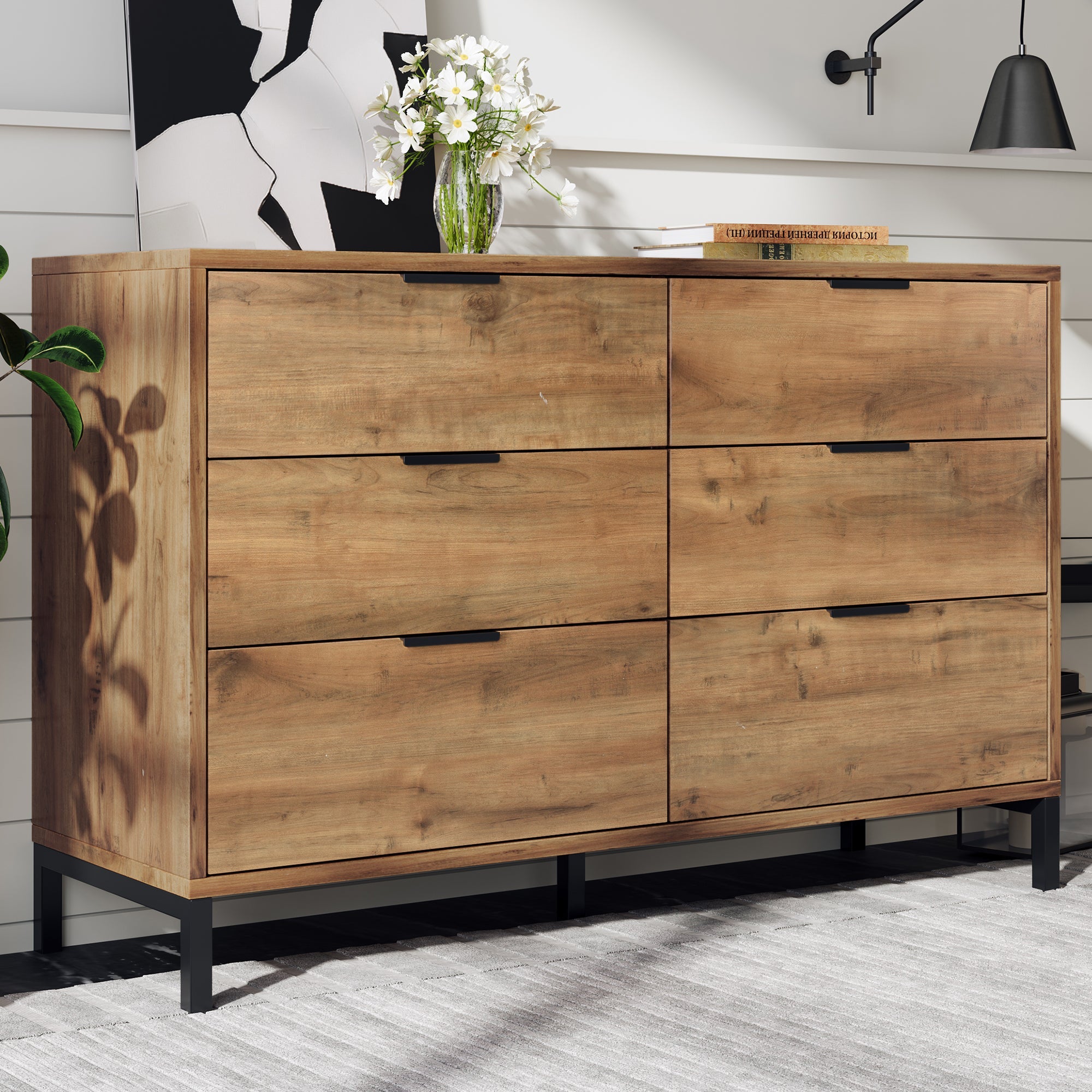Sideboard Cabinet for Living Room with 6 Drawers, Dark Oak, 40D x 120W x 76H cm