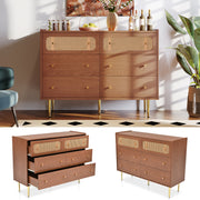 Rattan Sideboard Cabinet with 6 Drawers for Living Room, Walnut