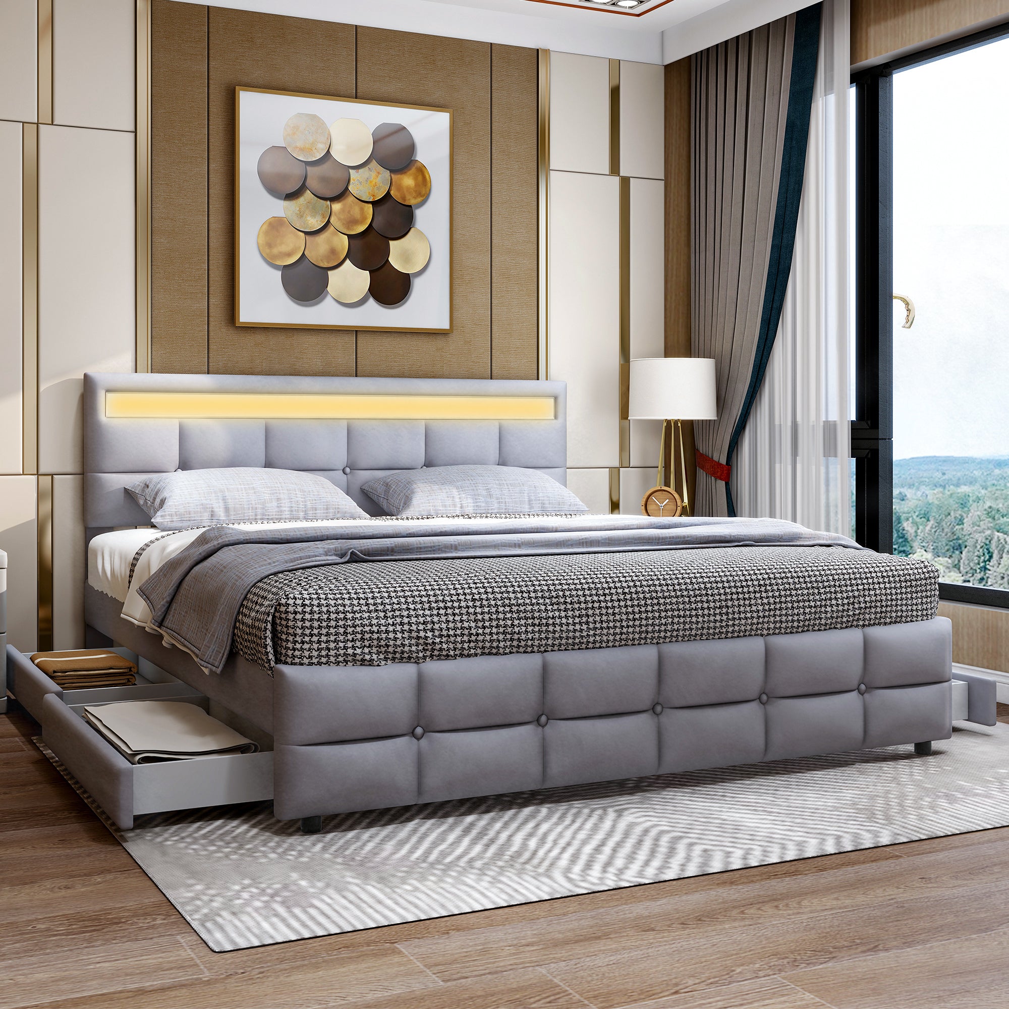 Upholstered Bed 180x200cm LED Frame 4 Drawers, Velvet Grey