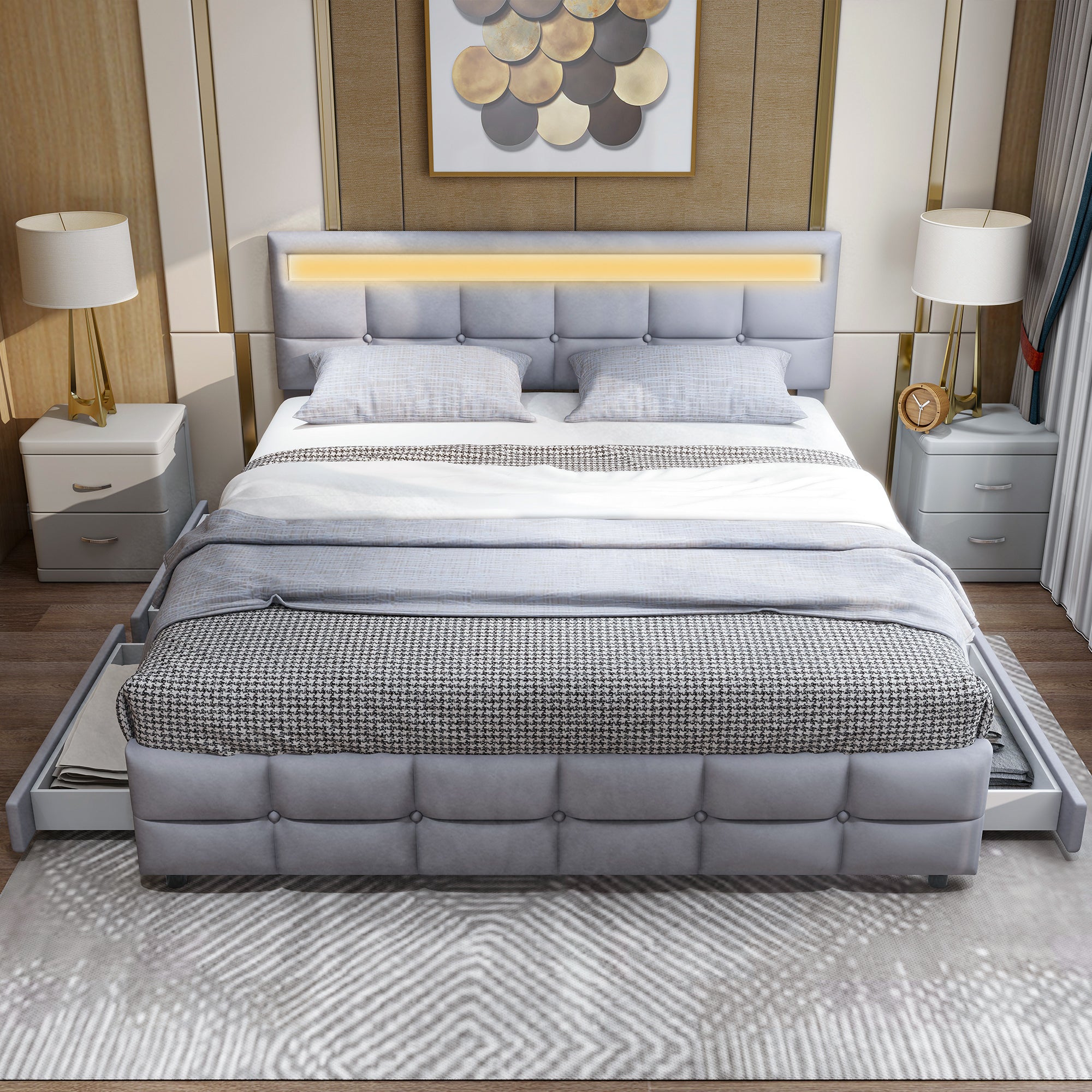 Upholstered Bed 180x200cm LED Frame 4 Drawers, Velvet Grey
