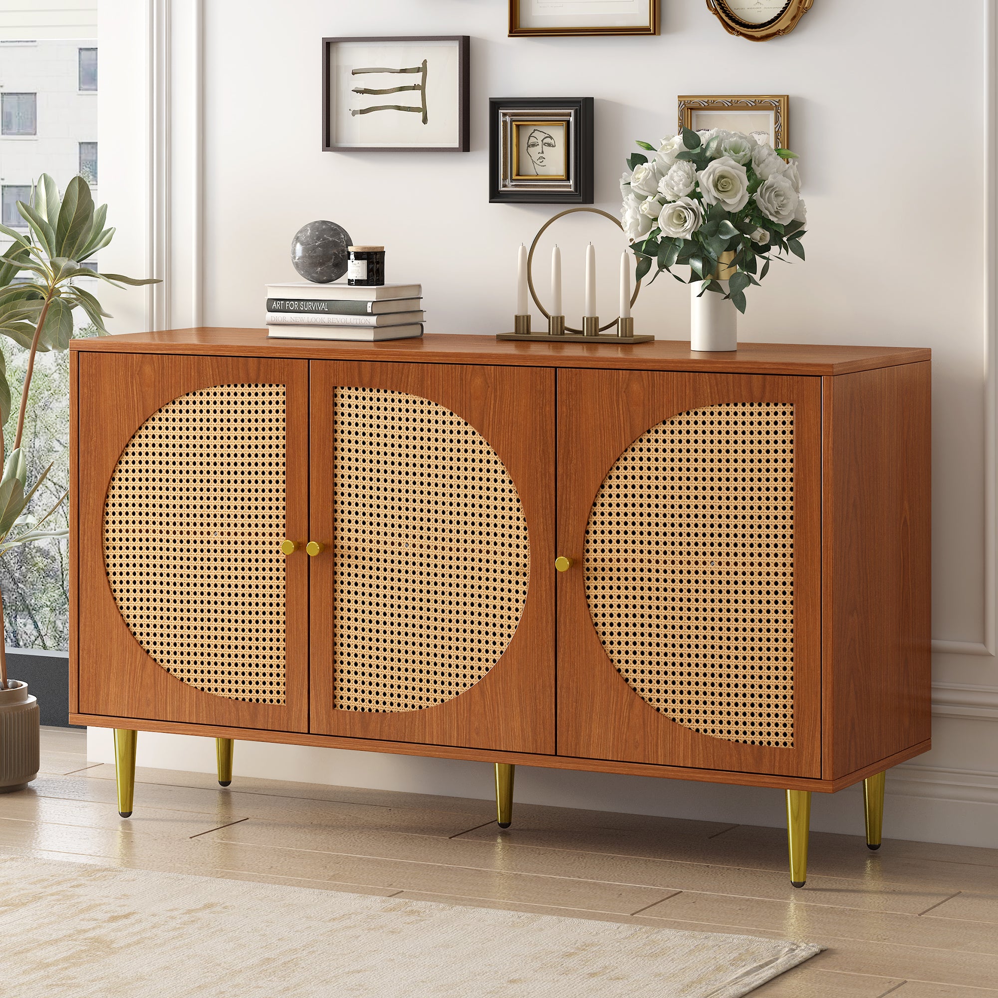 Sideboard, 3 Rattan Doors, Metal Handles, Walnut