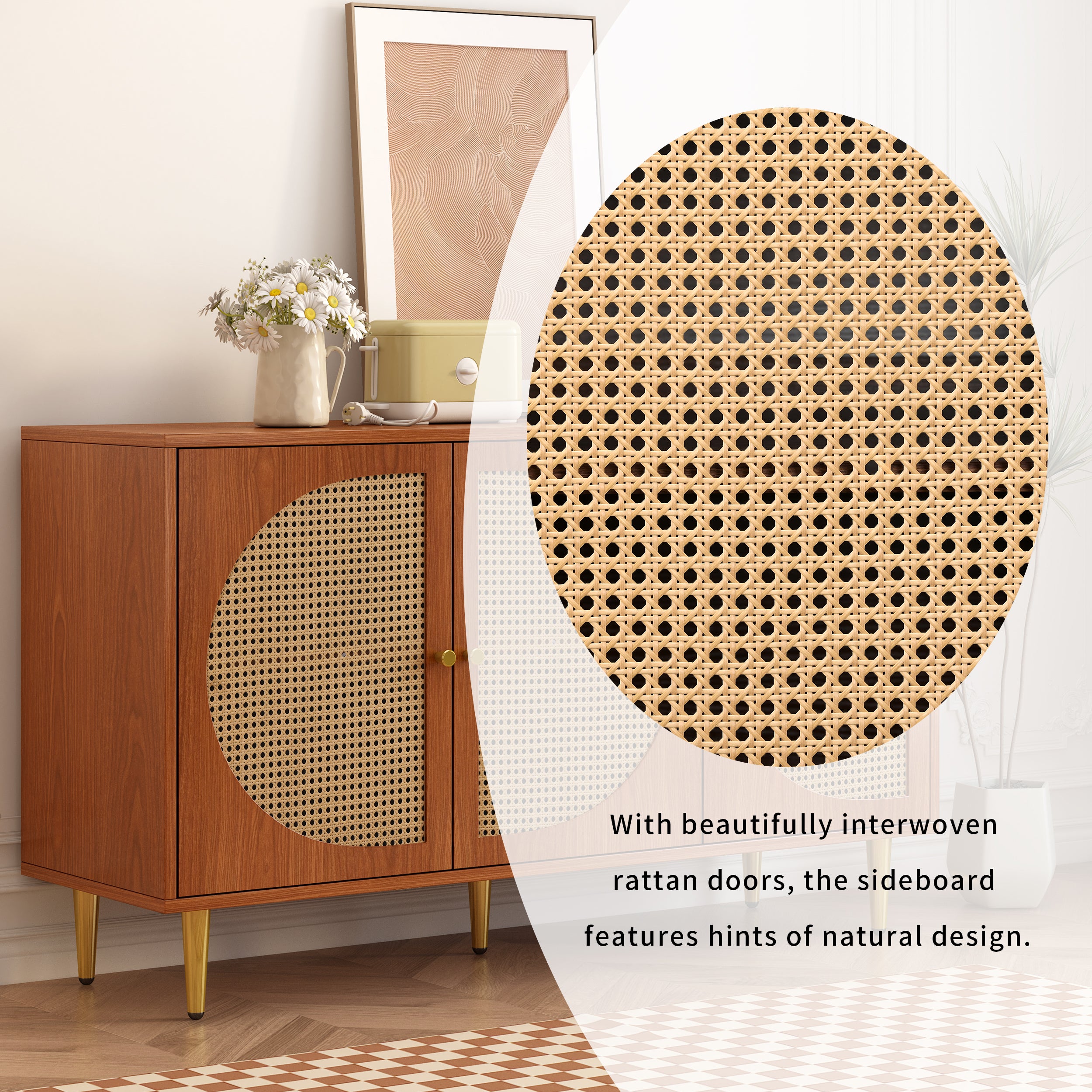 Sideboard, 3 Rattan Doors, Metal Handles, Walnut