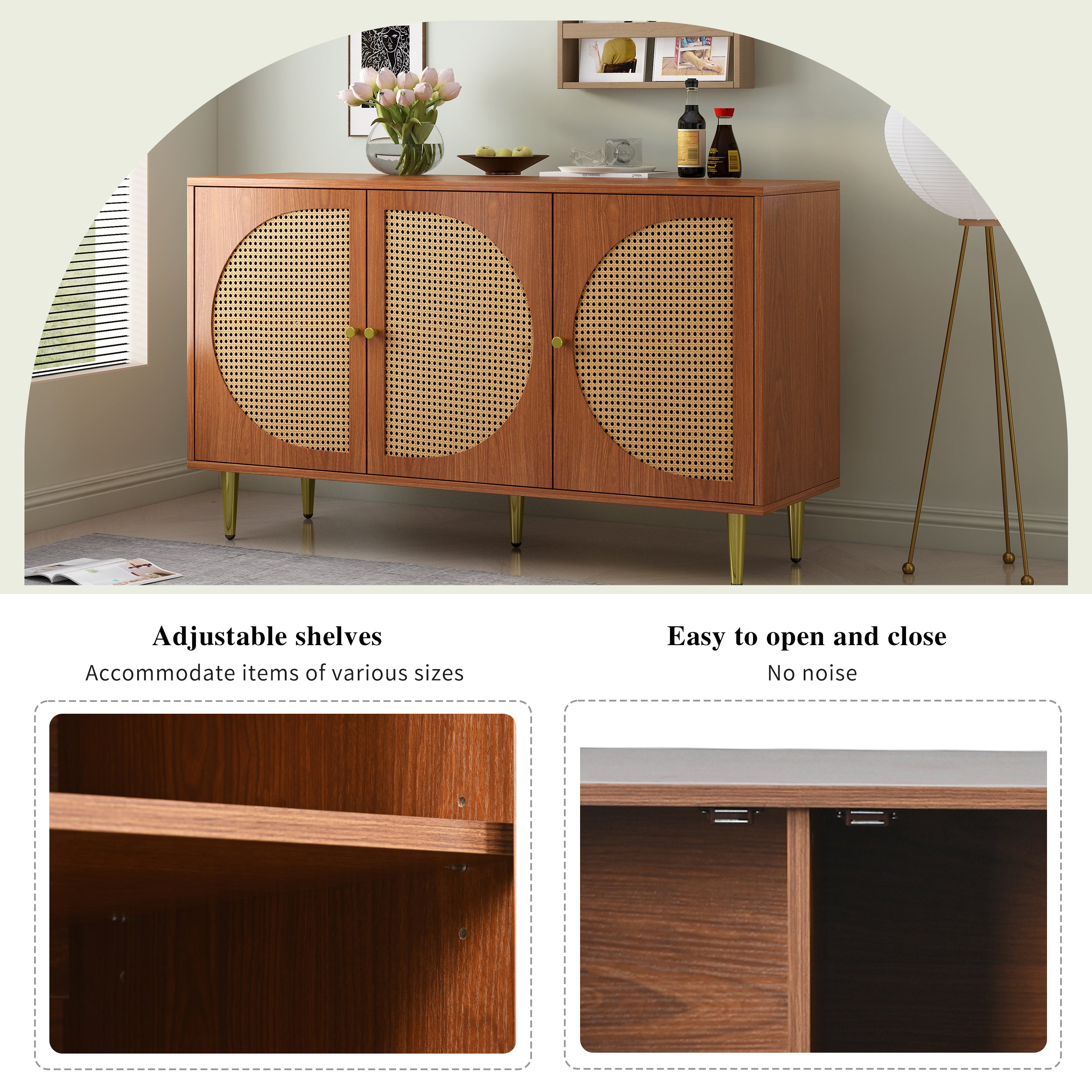 Sideboard, 3 Rattan Doors, Metal Handles, Walnut