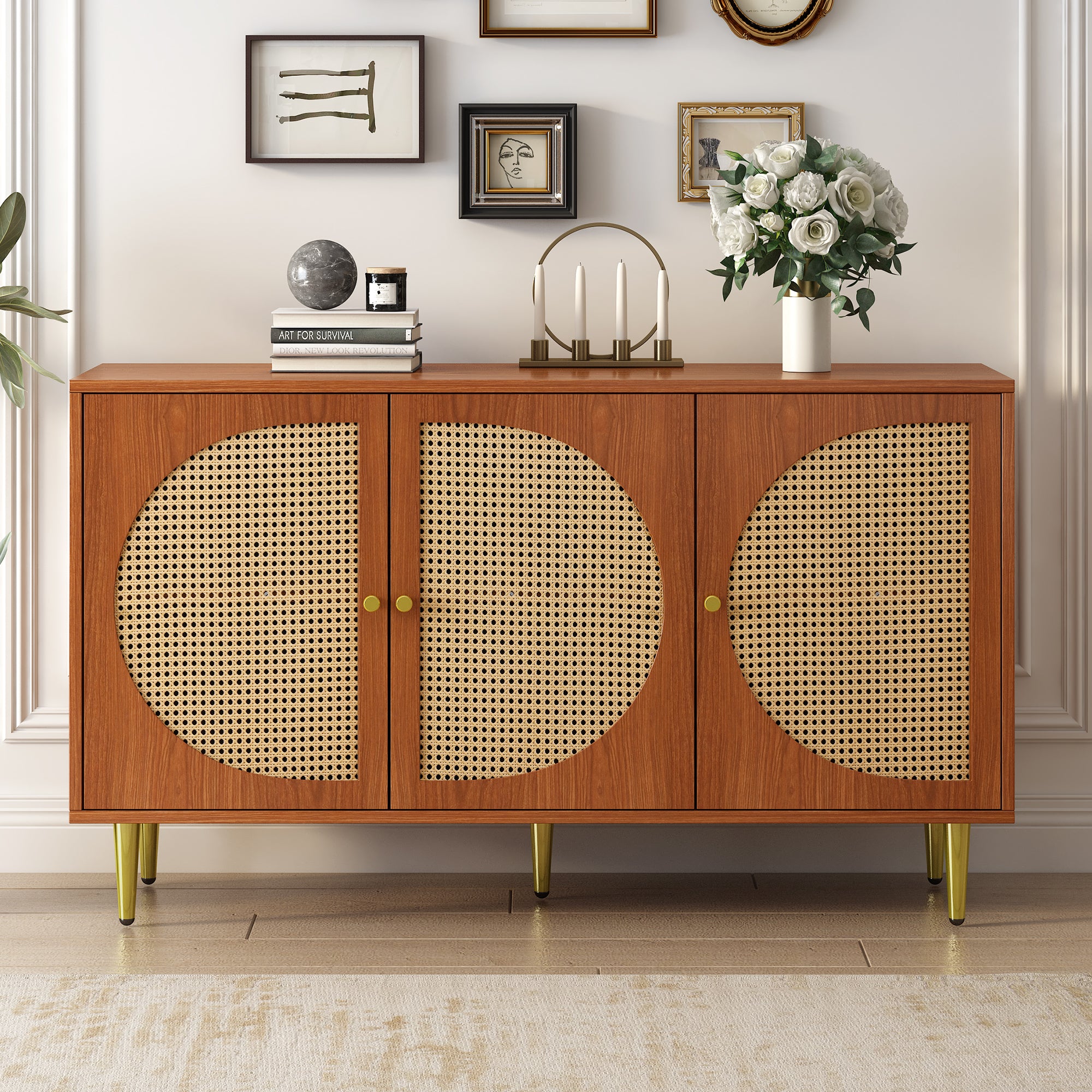 Sideboard, 3 Rattan Doors, Metal Handles, Walnut